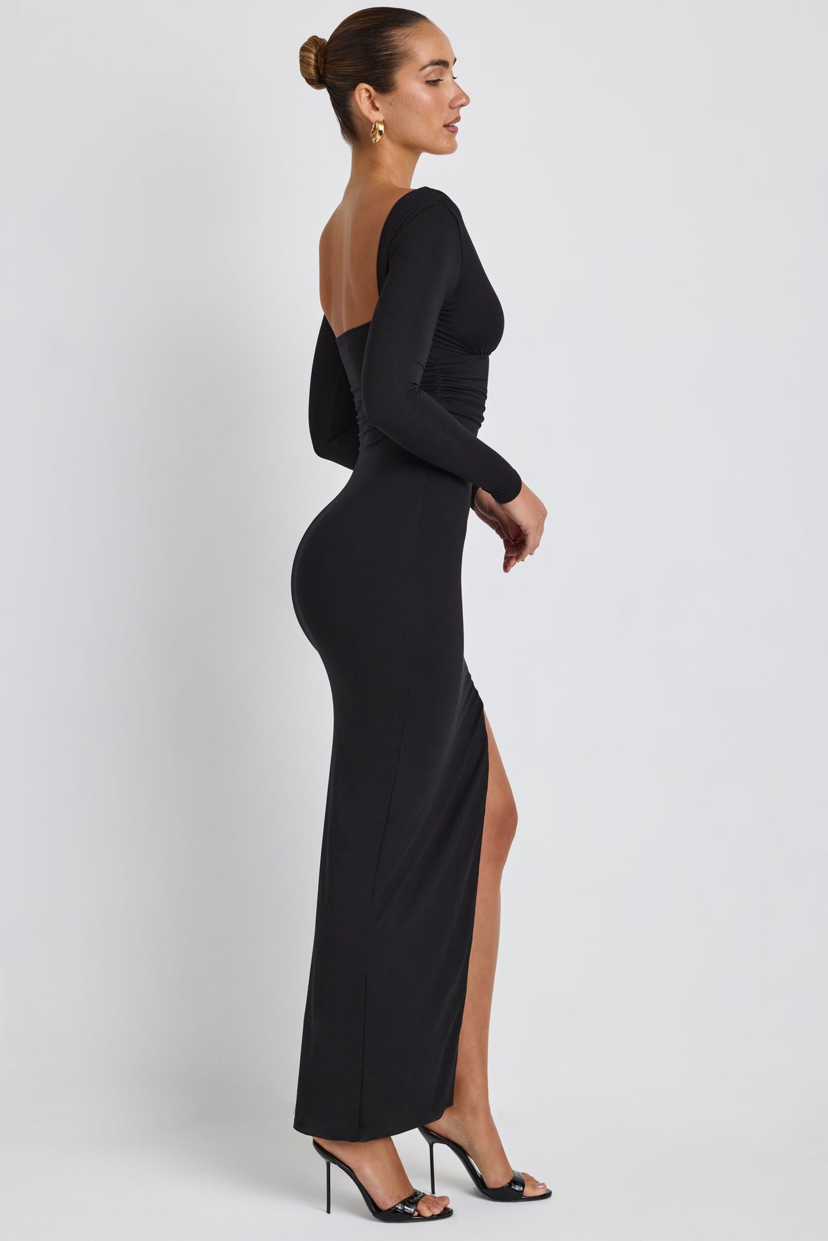 Belavie Marcele Modal Plunge Neck Long Sleeve Maxi Dress in Black