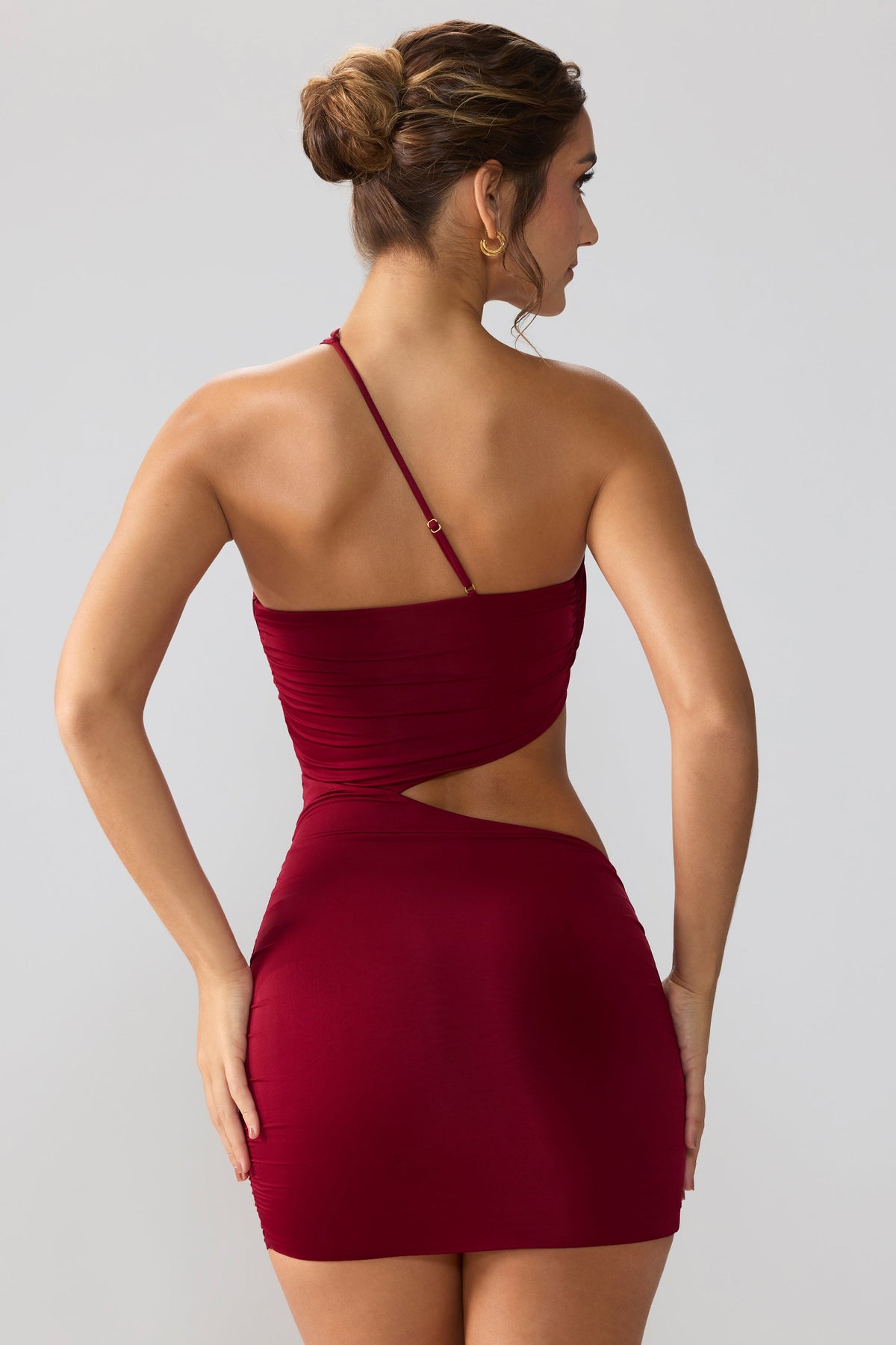 Belavie Shyle Slinky Jersey Ruched Cut Out Mini Dress in Ruby