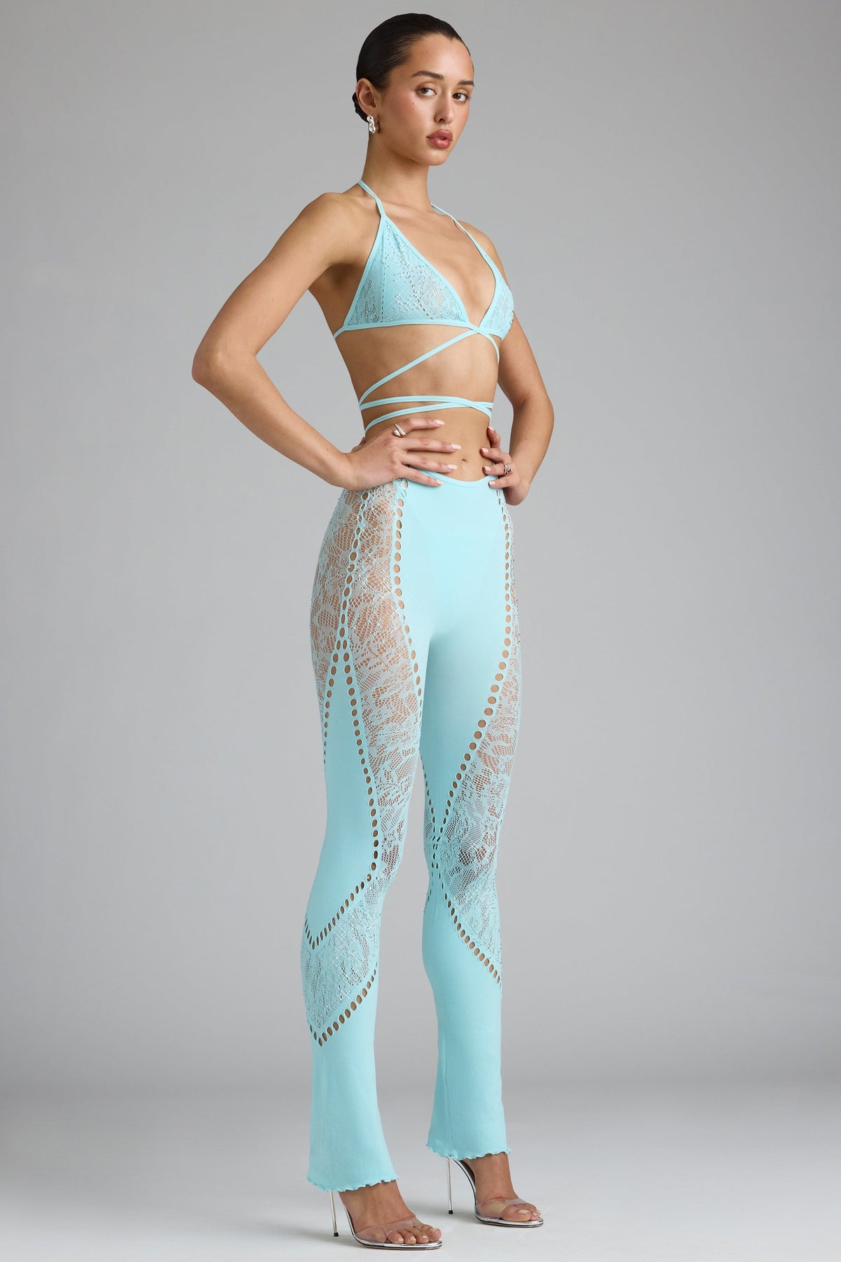 Belavie Stevia Petite Embellished Mid-Rise Flared Trousers in Ice Blue