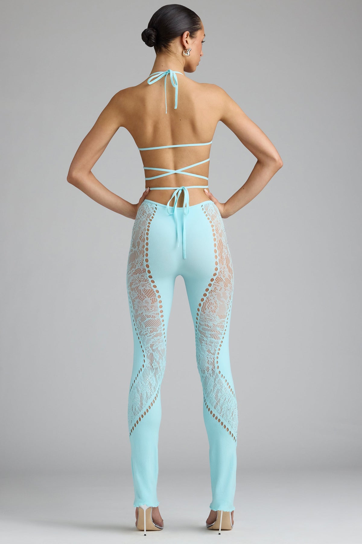 Belavie Stevia Petite Embellished Mid-Rise Flared Trousers in Ice Blue