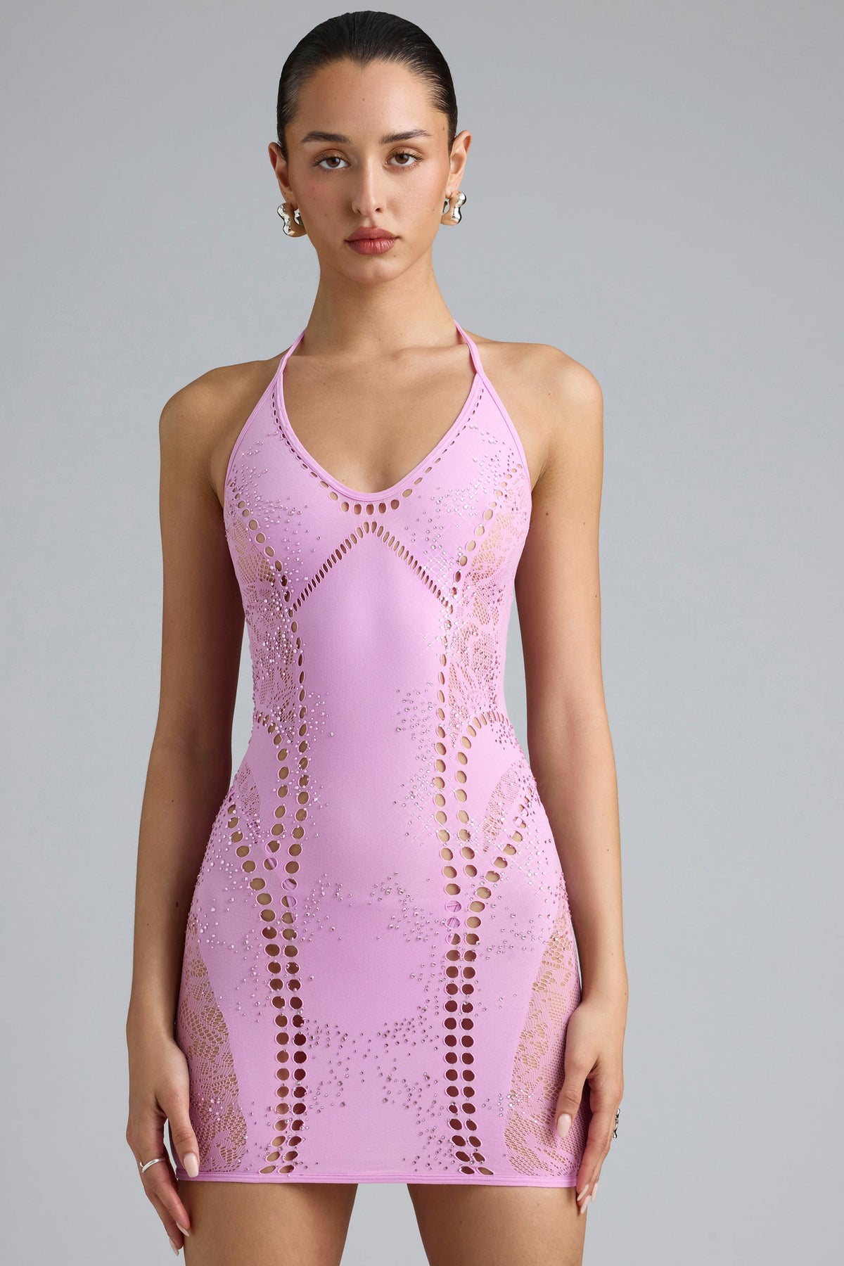 Belavie Tore Embellished Halterneck Mini Dress in Violet Pink