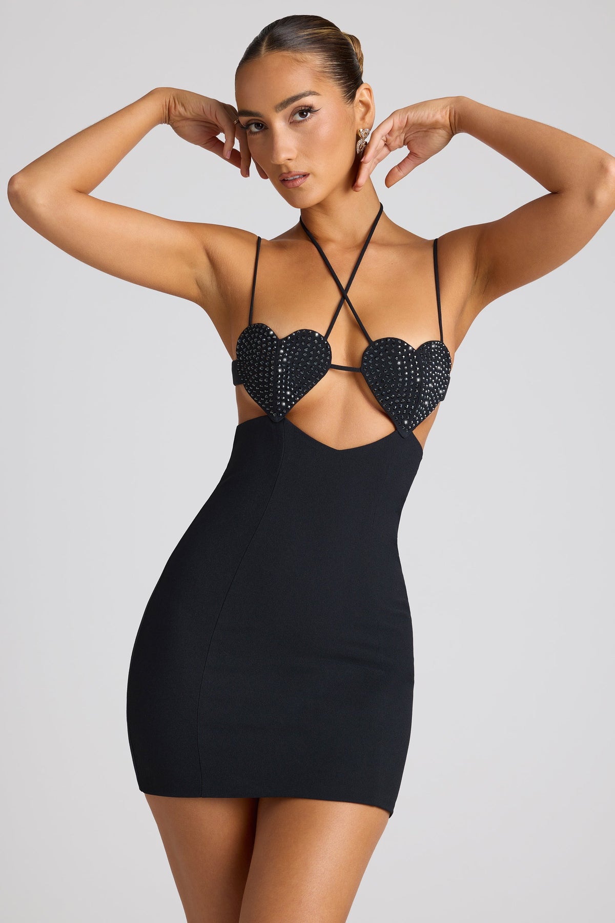 Belavie Lavinia Embellished Heart Cup Detail Mini Dress in Black