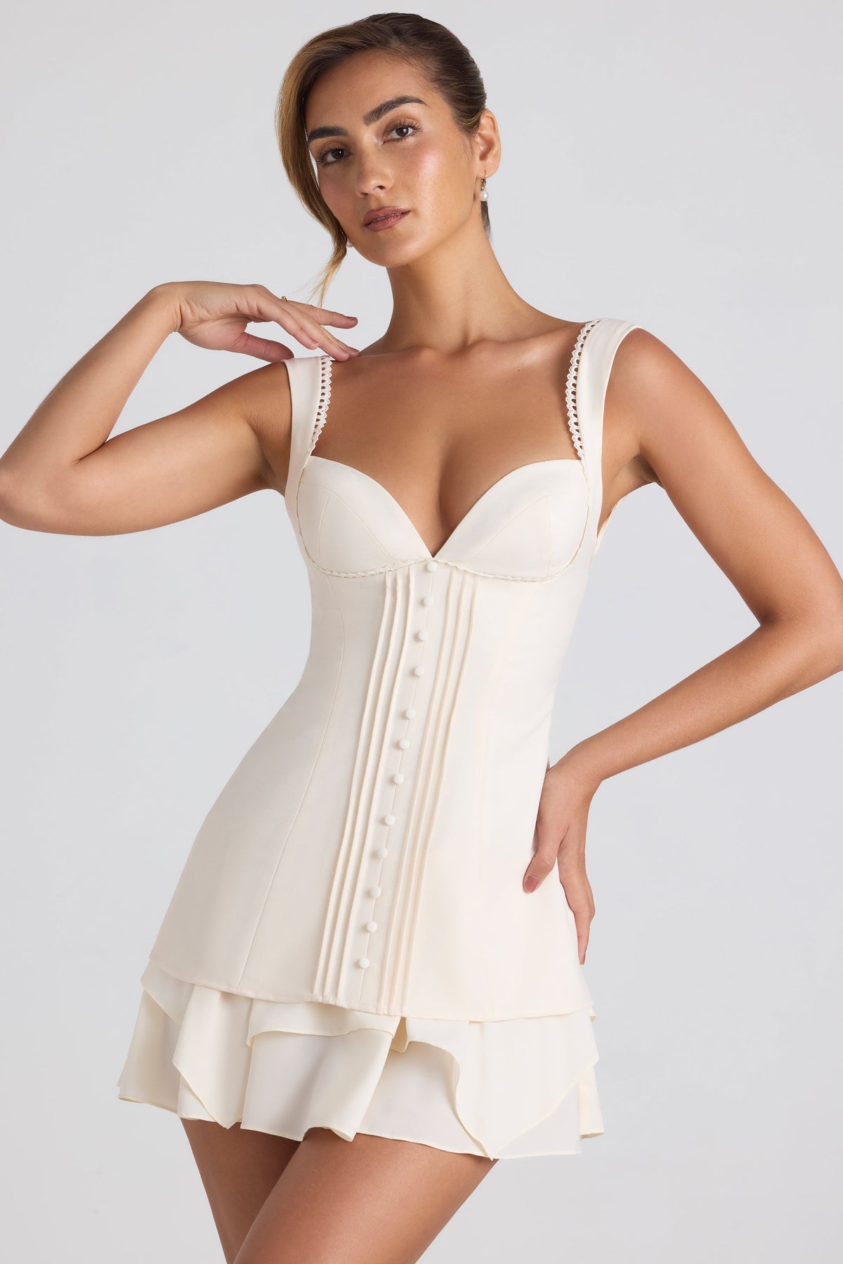 Belavie Cassandre Ruffle-Trim Button-Detail Corset Mini Dress in Ivory