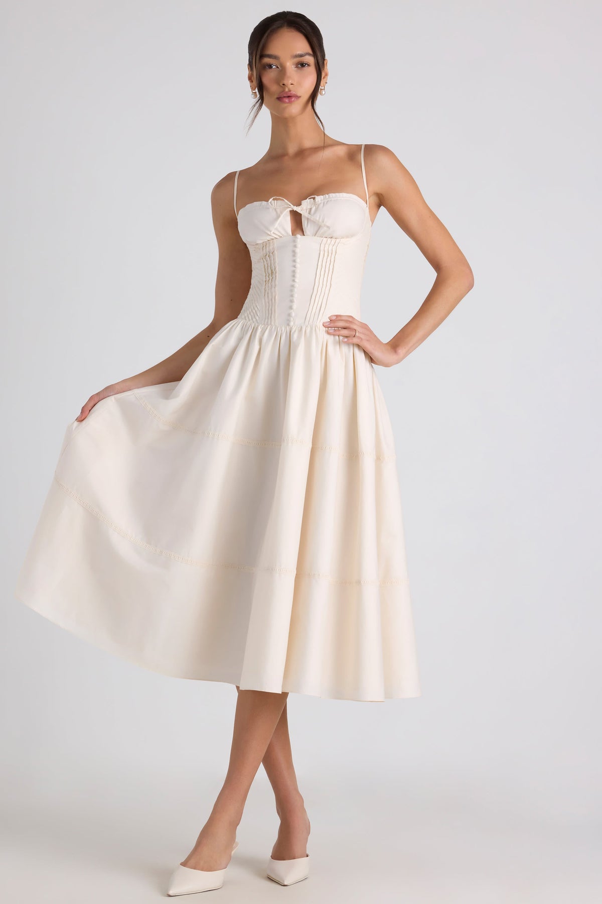 Belavie Esmeralde Lace-Trim Pintucked Poplin Midaxi Dress in Ivory