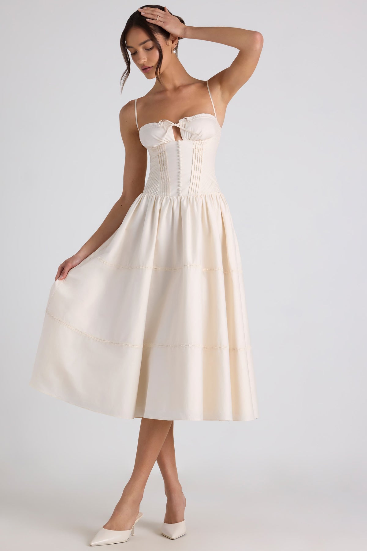 Belavie Esmeralde Lace-Trim Pintucked Poplin Midaxi Dress in Ivory