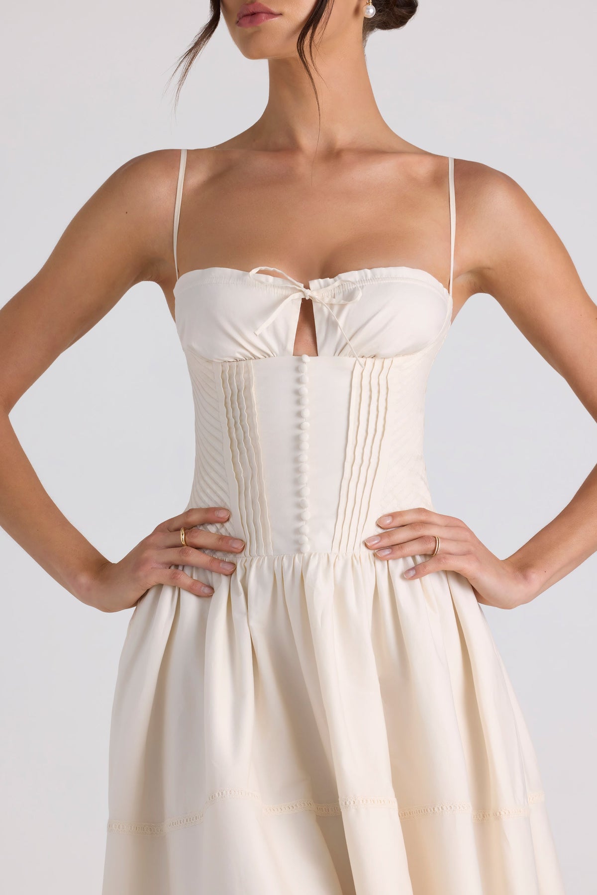 Belavie Esmeralde Lace-Trim Pintucked Poplin Midaxi Dress in Ivory