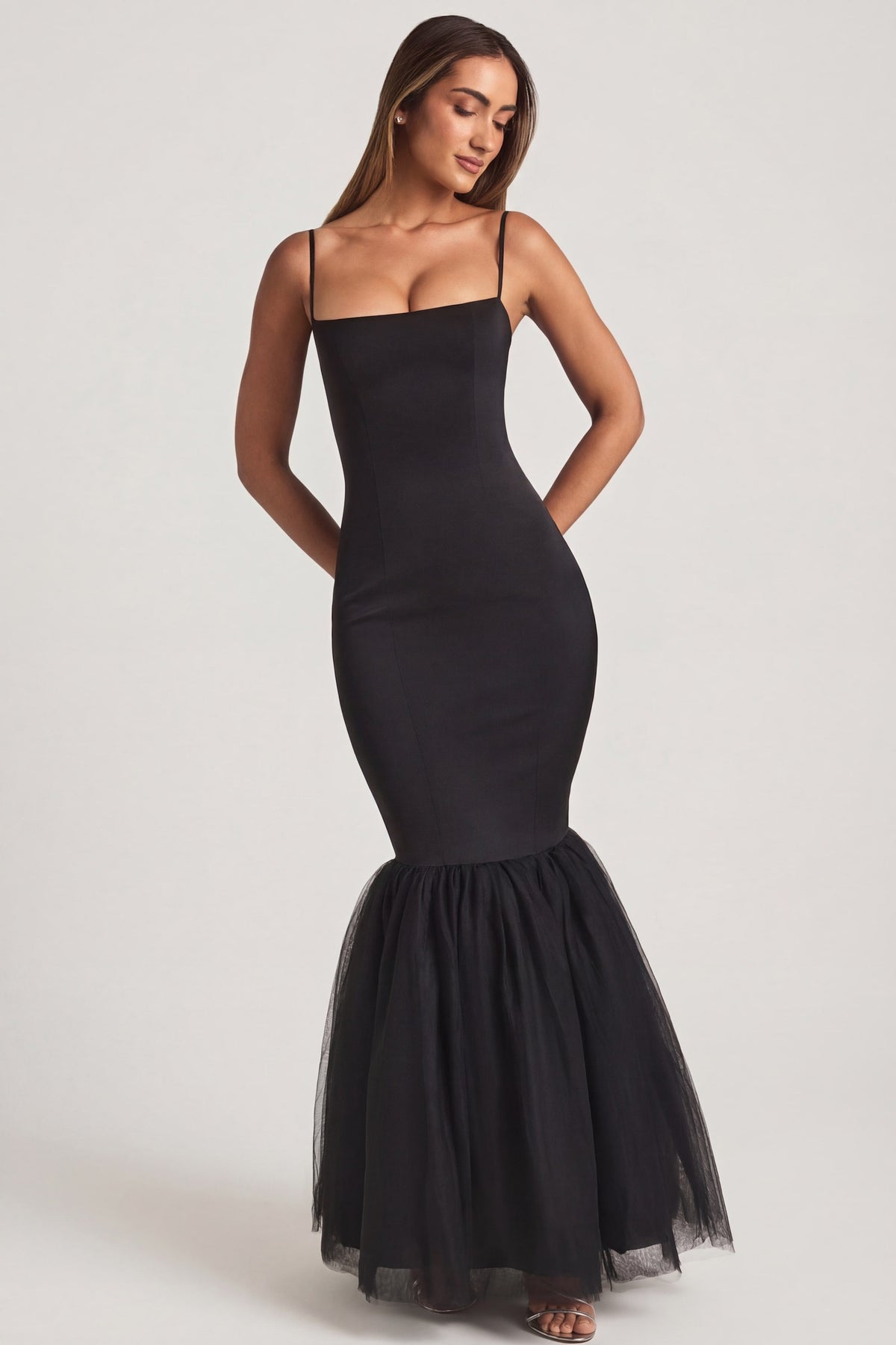 Belavie Adelphe Tulle Hem Fishtail Gown in Black