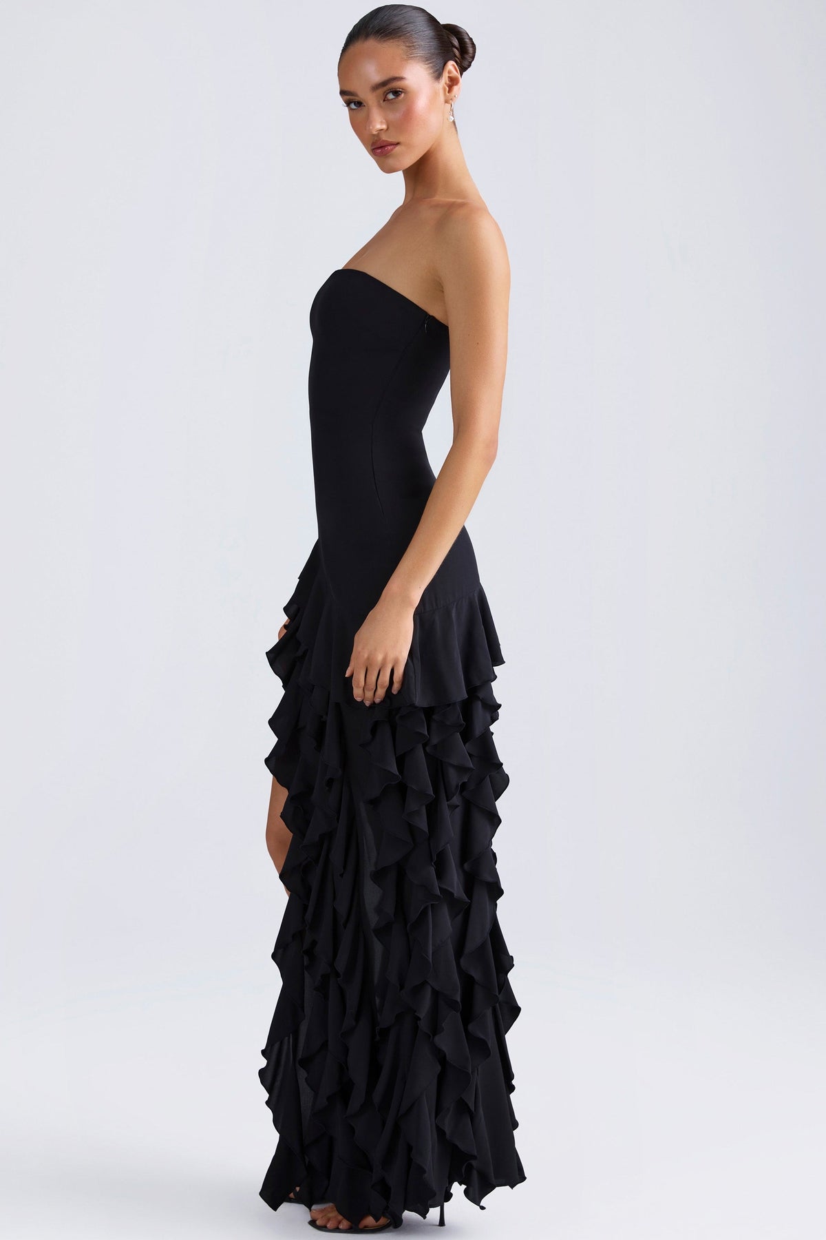 Belavie Dilette Ruffle-Trim Strapless Gown in Black