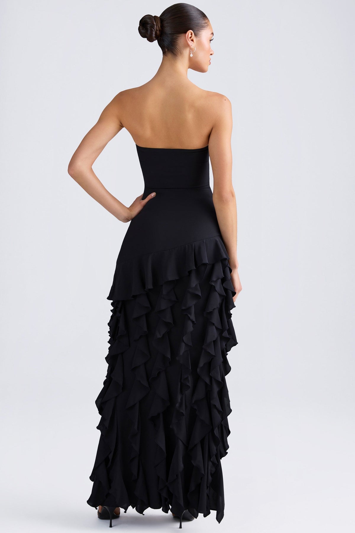 Belavie Dilette Ruffle-Trim Strapless Gown in Black