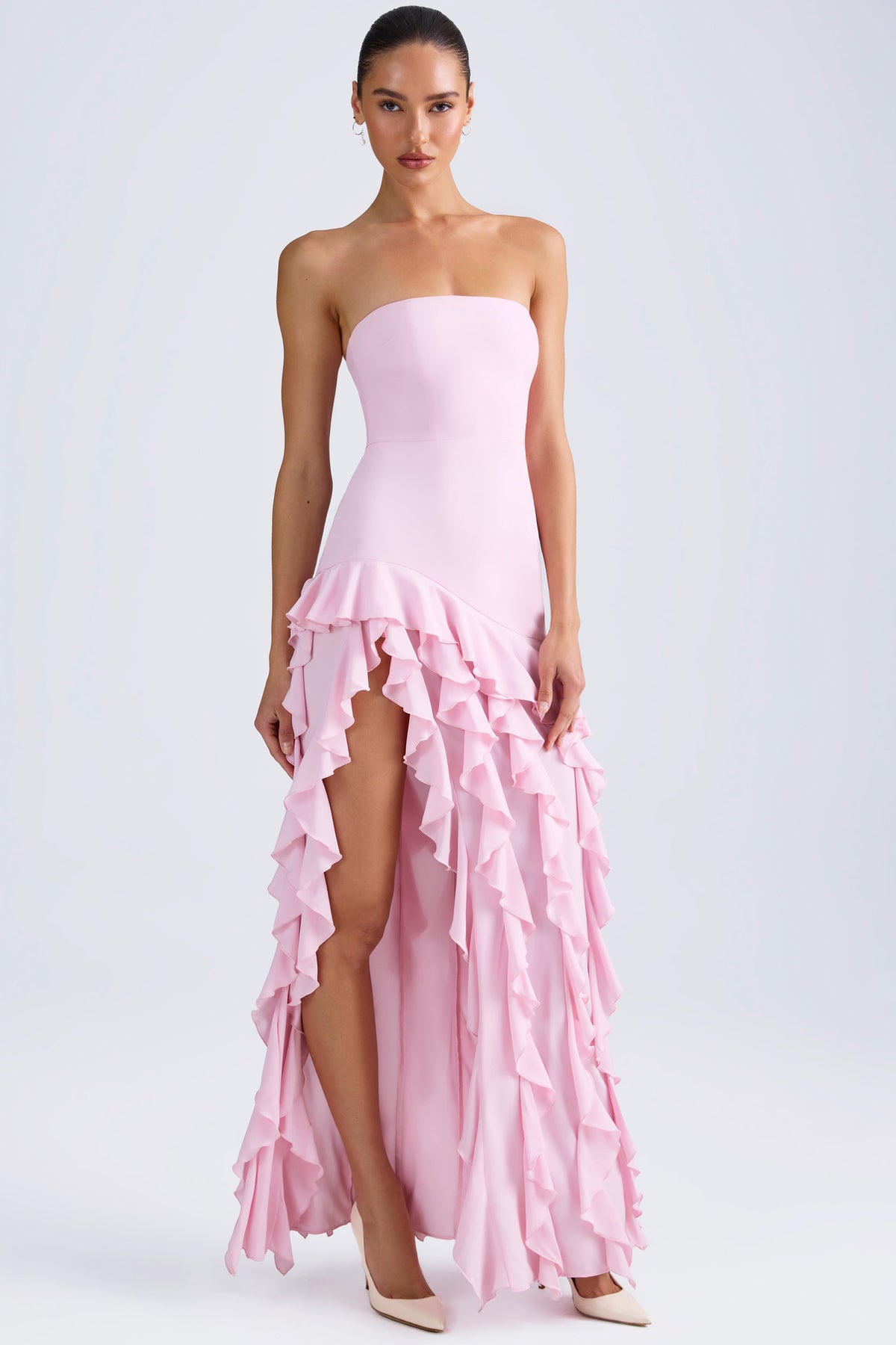 Belavie Dilette Ruffle-Trim Strapless Gown in Candyfloss Pink