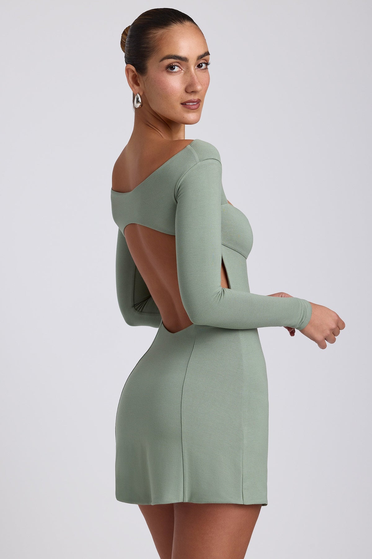 Belavie Sarle Modal Twist-Front Long-Sleeve Mini Dress in Sage Green