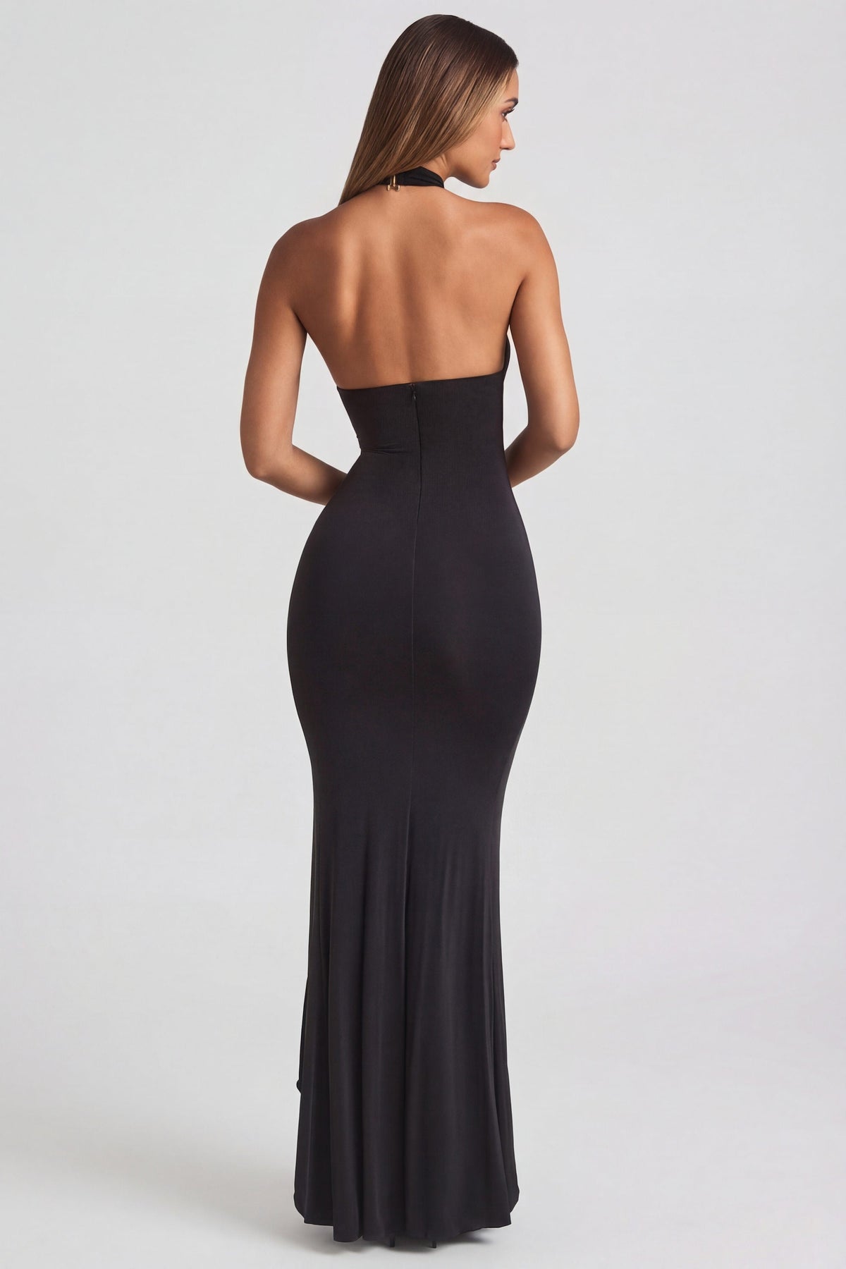 Belavie Apollina Ruffle-Trim Halterneck Gown in Black