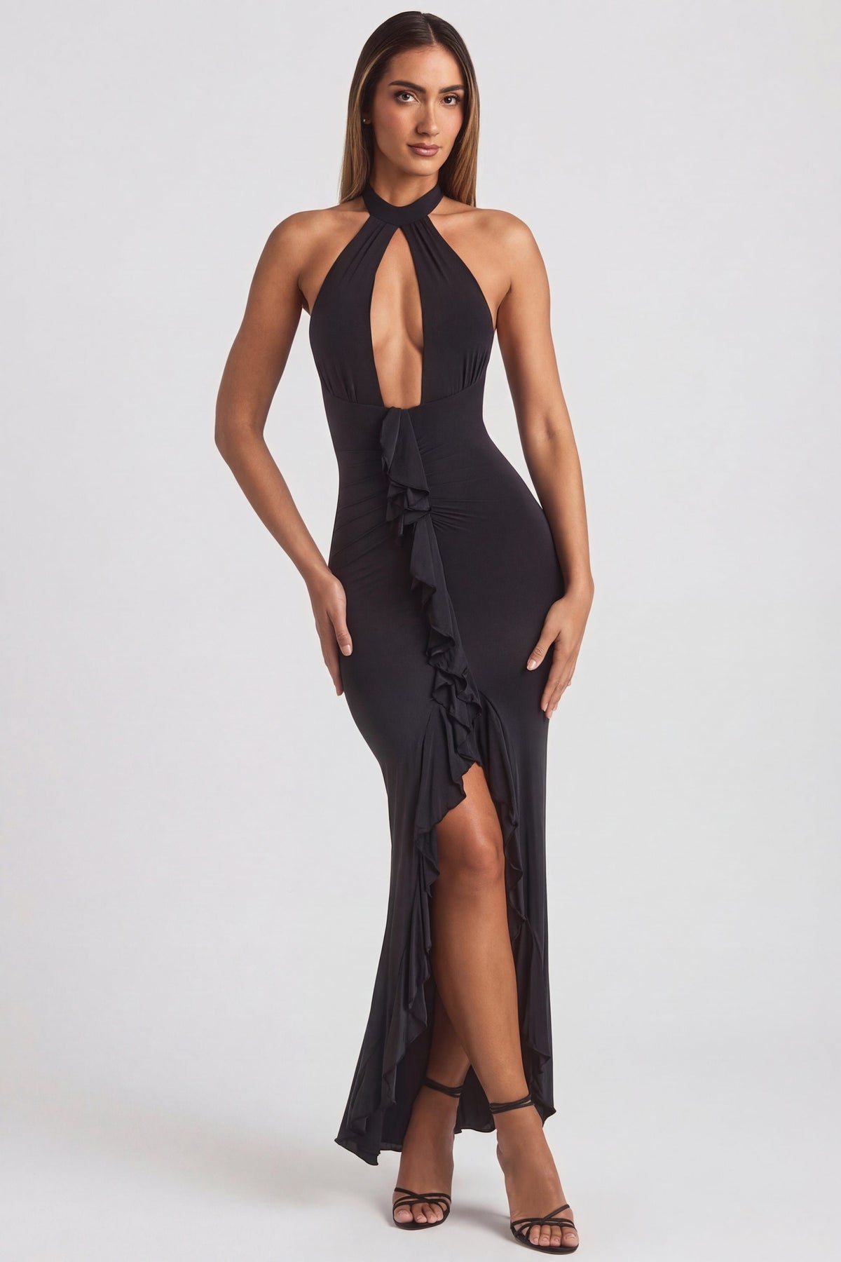 Belavie Apollina Ruffle-Trim Halterneck Gown in Black