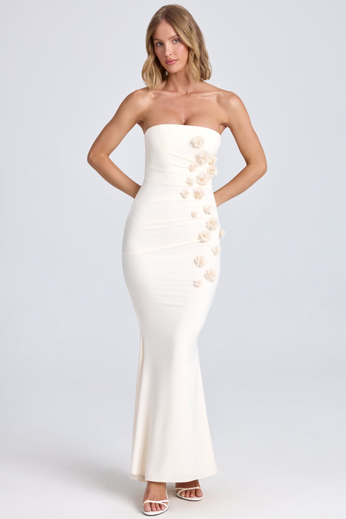 Belavie Avelina Draped Floral-Appliqué Maxi Dress in Ivory