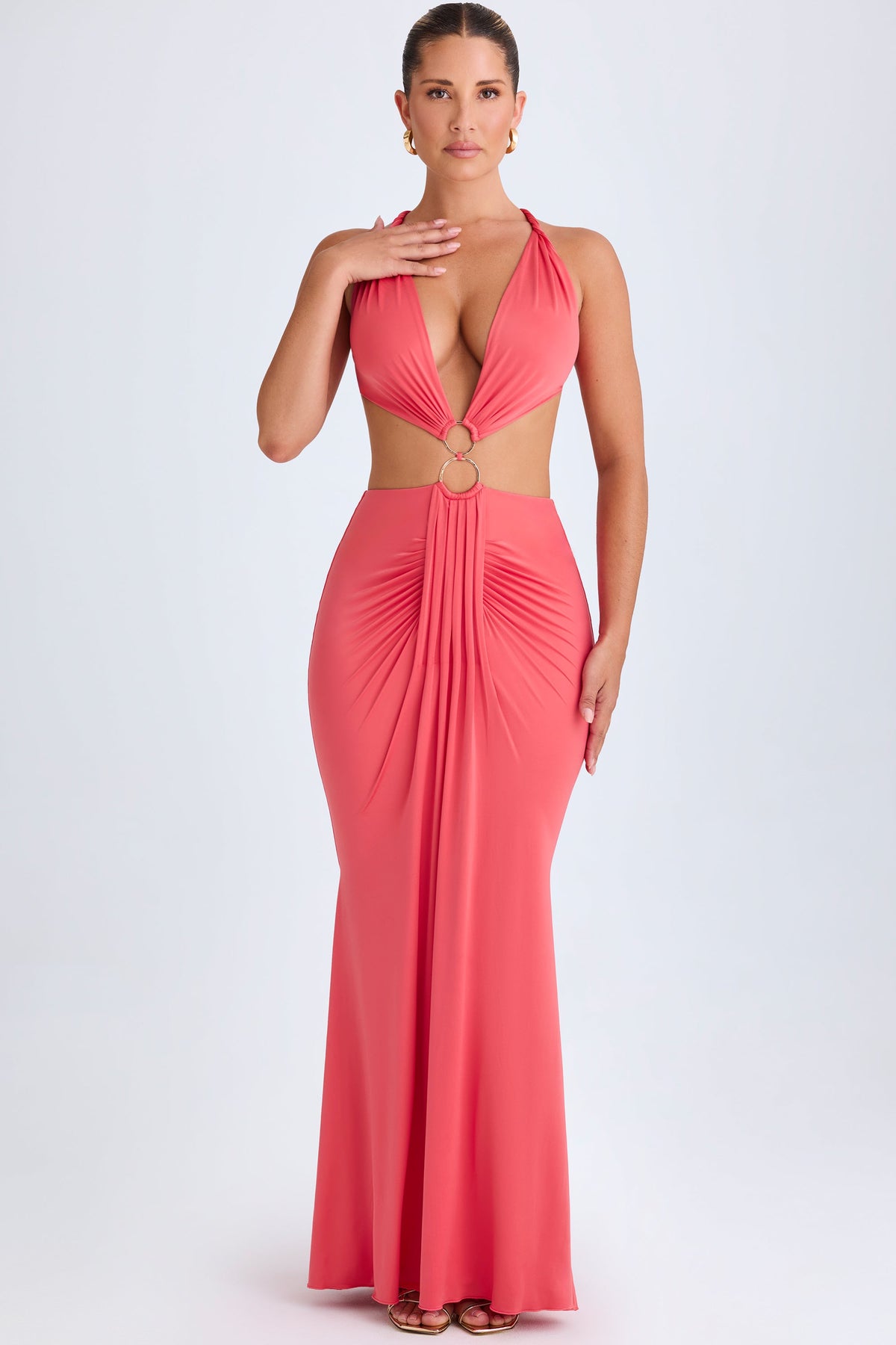 Belavie Omarose Hardware Detail Cut-Out Halterneck Maxi Dress in Coral