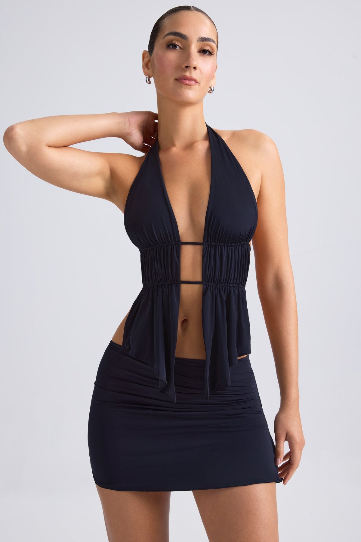 Belavie Larise Cut-Out Ruched Halterneck Crop Top in Black