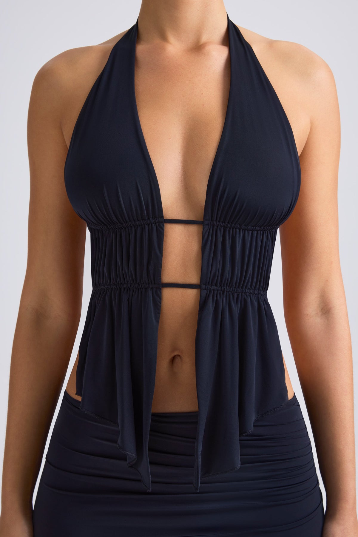 Belavie Larise Cut-Out Ruched Halterneck Crop Top in Black