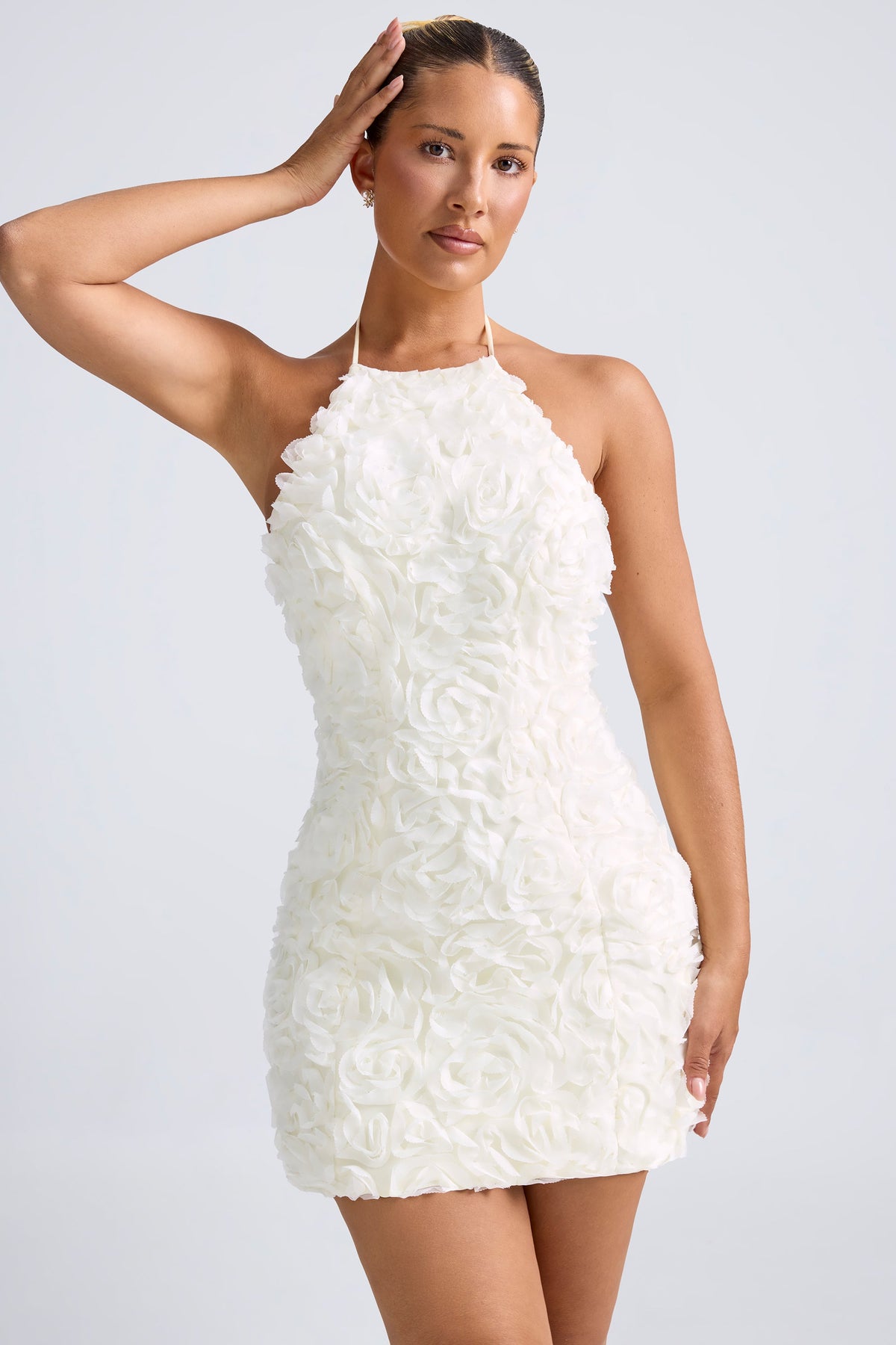 Belavie Bryoni Floral-Appliqué Halterneck A-Line Mini Dress in White