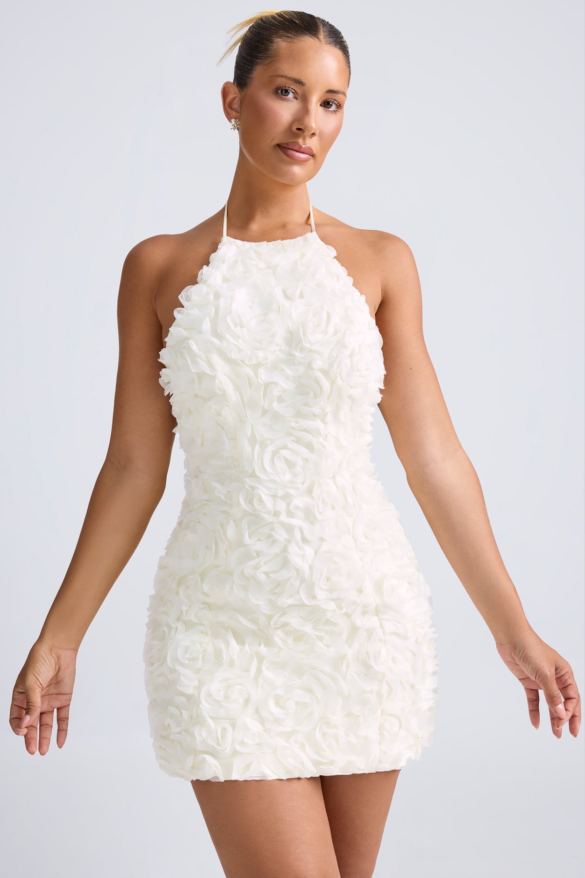 Belavie Bryoni Floral-Appliqué Halterneck A-Line Mini Dress in White
