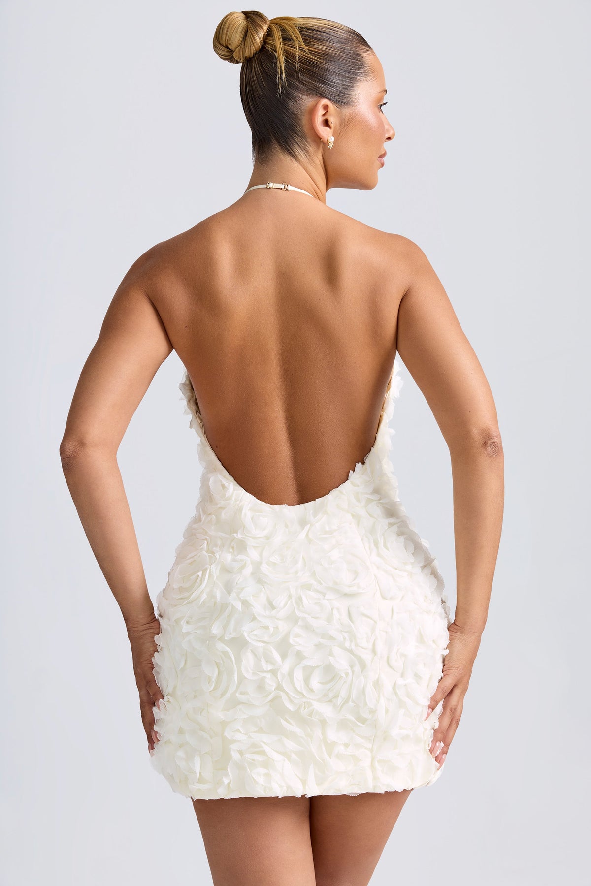 Belavie Bryoni Floral-Appliqué Halterneck A-Line Mini Dress in White