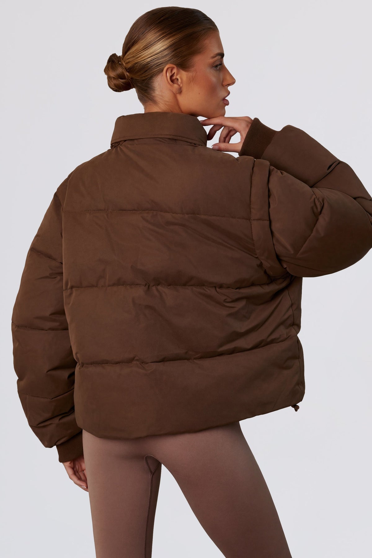 Belavie Essentiel Cropped Puffer Jacket with Detachable Sleeves in Cocoa Brown