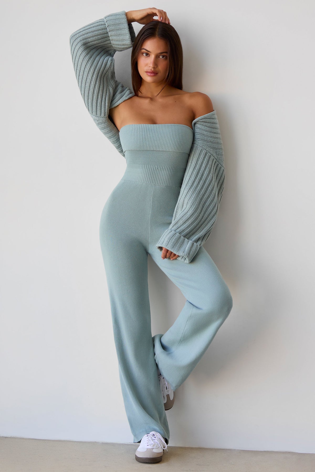 Belavie Chunky Knit Bandeau Kick Flare Jumpsuit in Dusty Teal