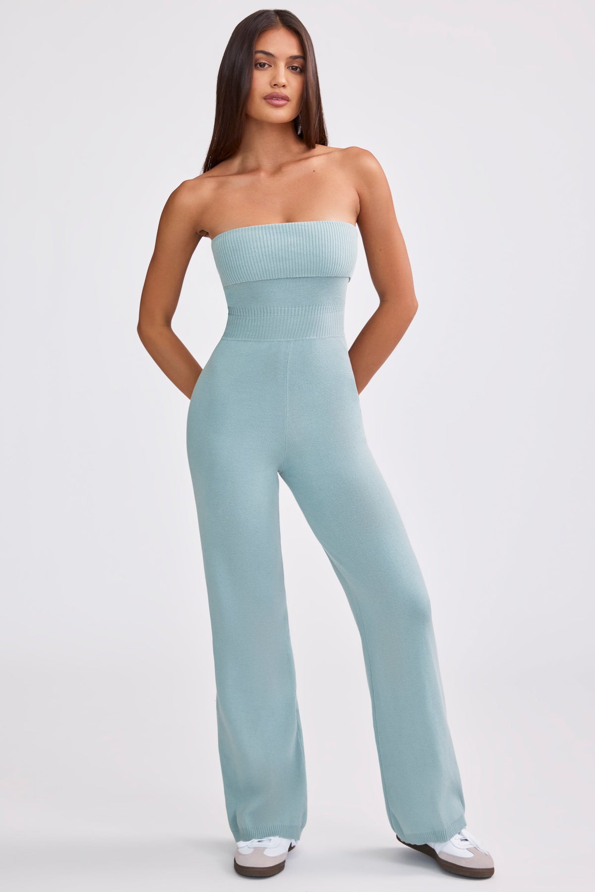 Belavie Chunky Knit Bandeau Kick Flare Jumpsuit in Dusty Teal