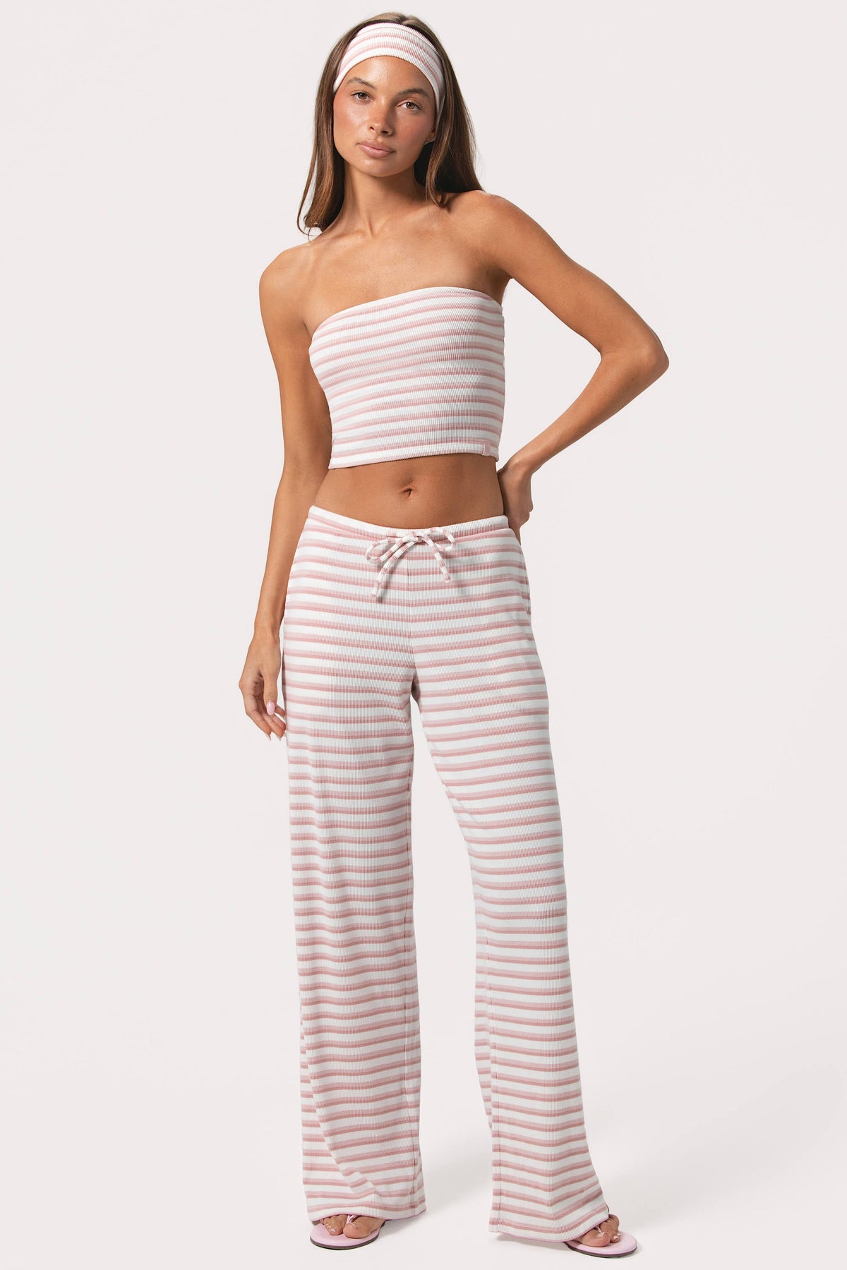 Belavie Ribbed Jersey Low-Rise Trousers in Pink Stripe