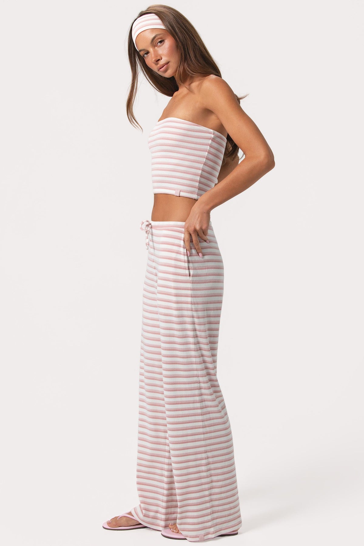 Belavie Ribbed Jersey Low-Rise Trousers in Pink Stripe