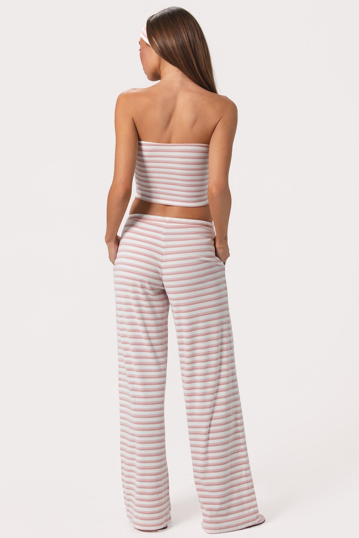 Belavie Ribbed Jersey Low-Rise Trousers in Pink Stripe