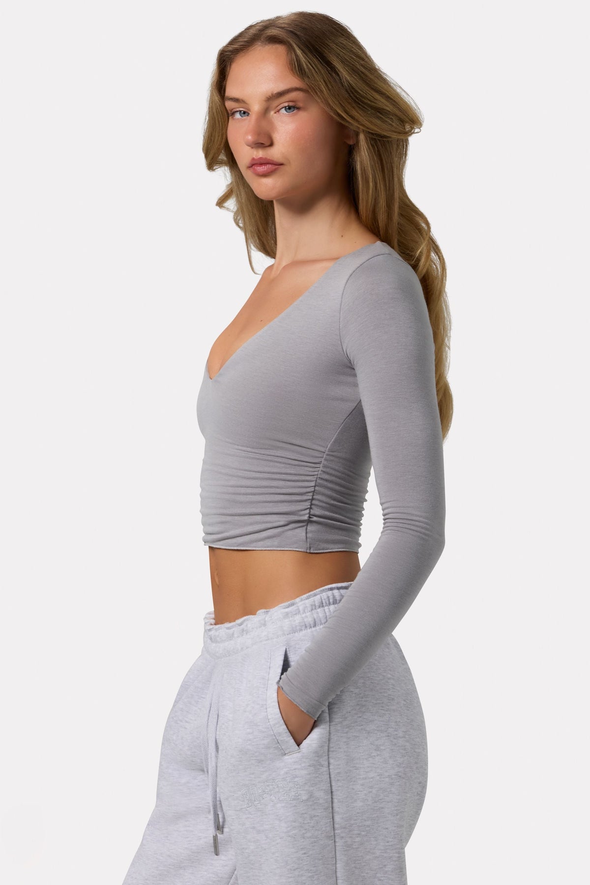 Belavie Ruched Long-Sleeve Crop Top in Grey