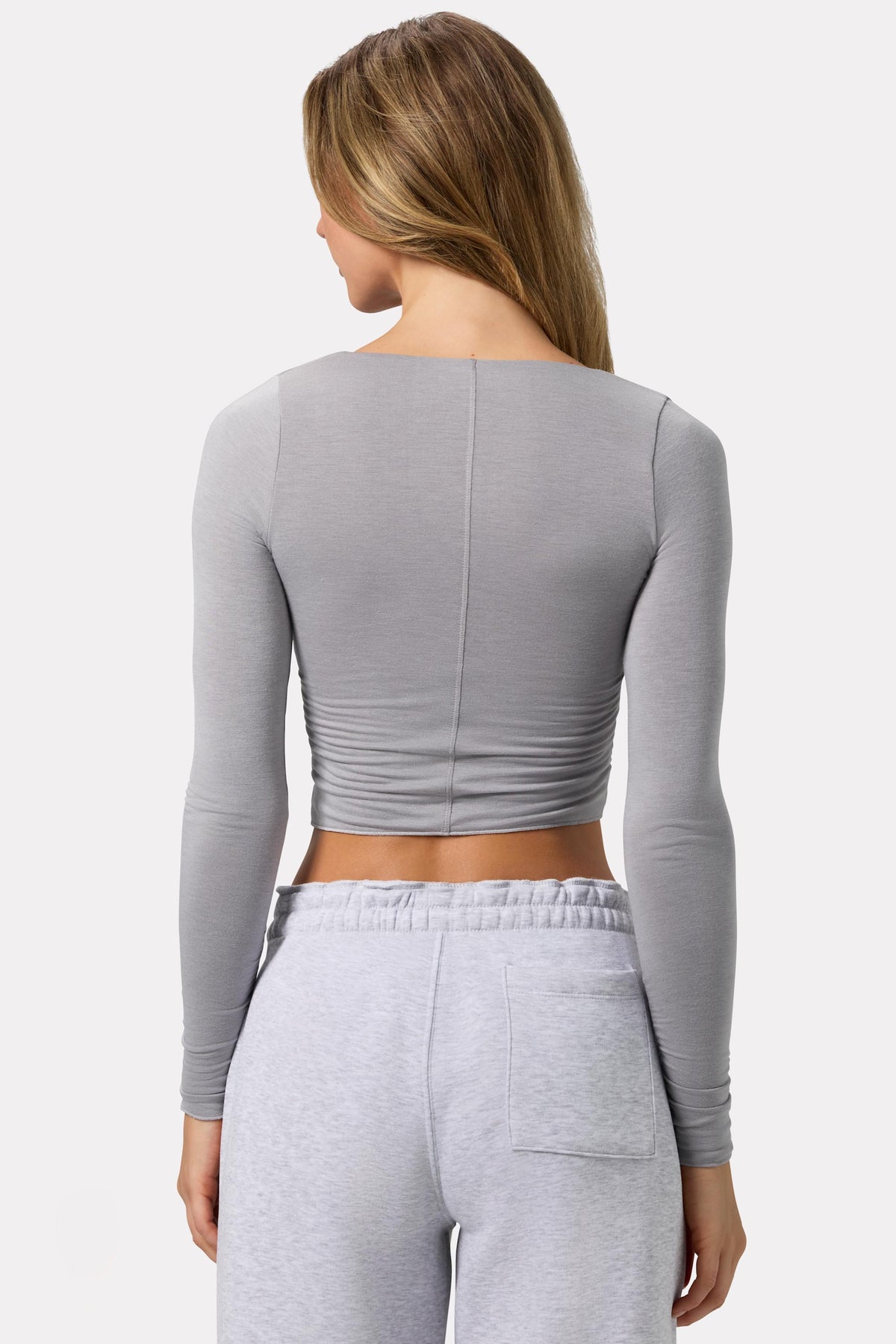 Belavie Ruched Long-Sleeve Crop Top in Grey