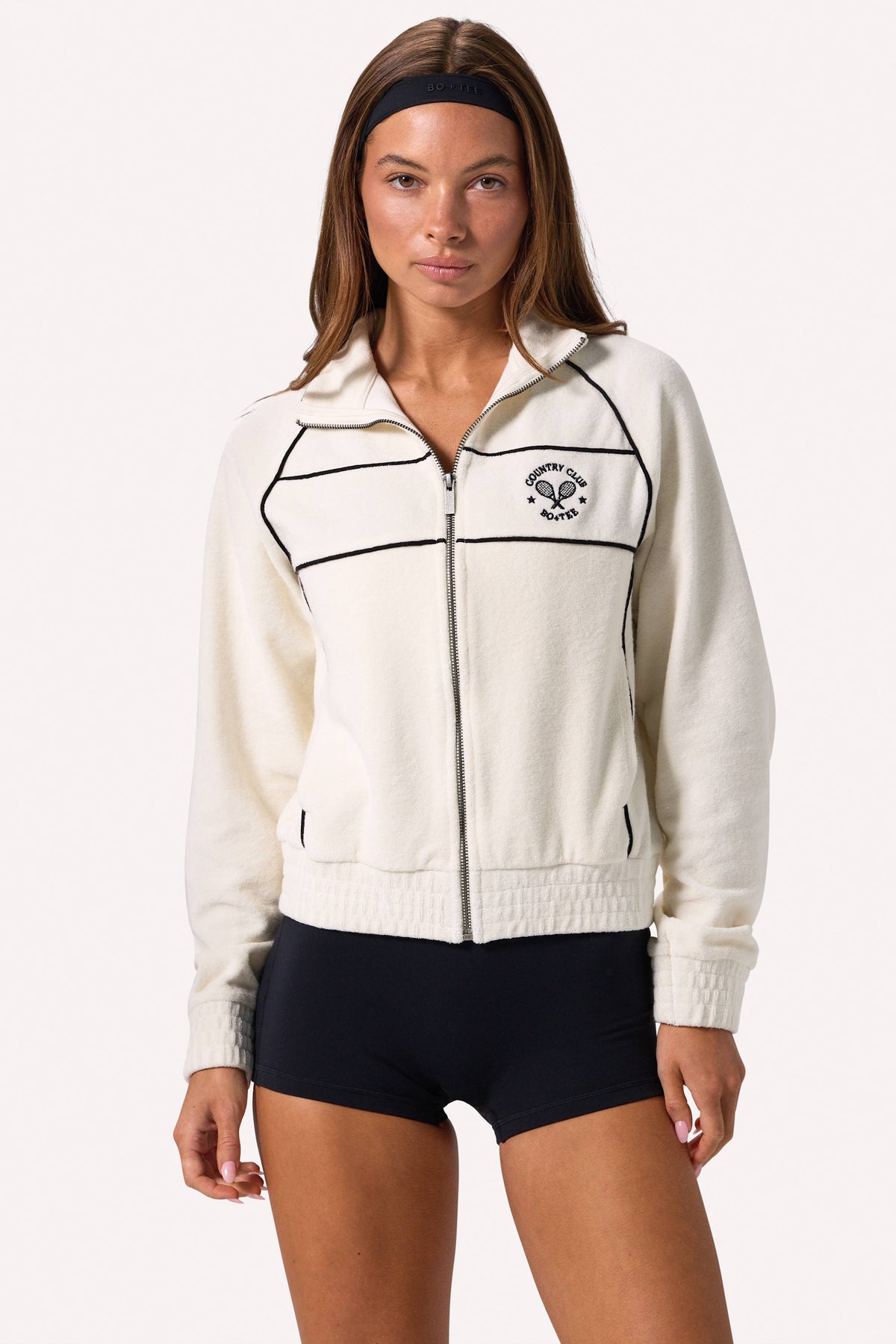 Belavie Terry Towelling Zip-Up Cropped Sweatshirt in Ivory