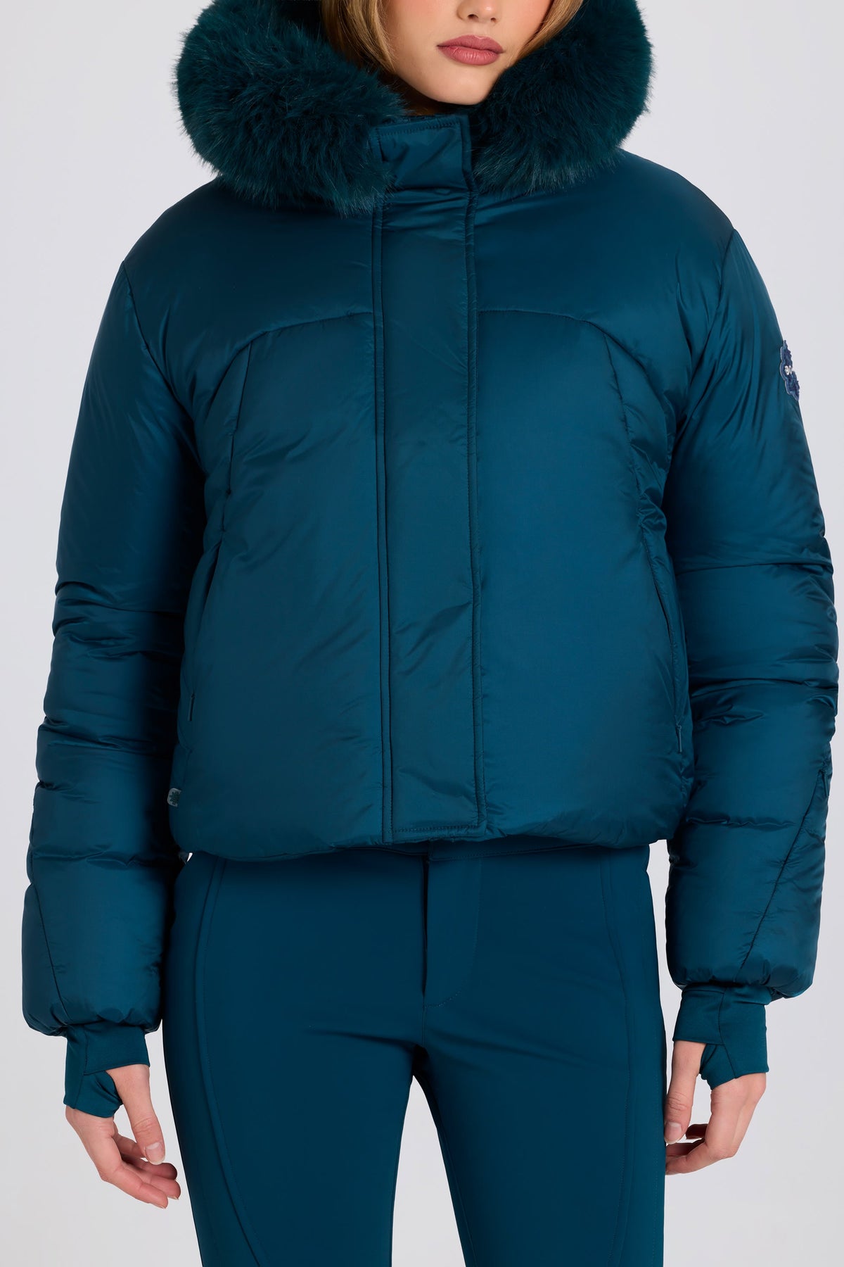Belavie Waterproof Faux-Fur Hood Cropped Ski Jacket in Teal
