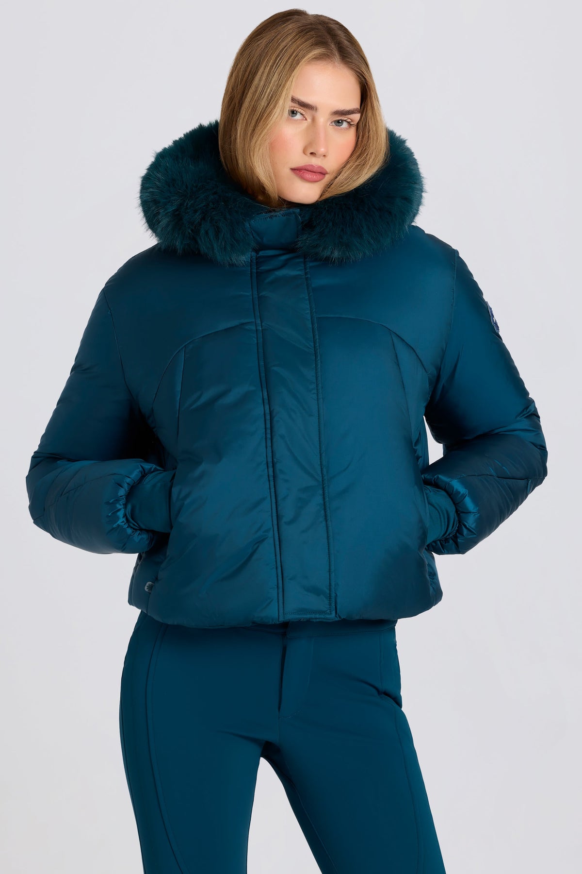 Belavie Waterproof Faux-Fur Hood Cropped Ski Jacket in Teal