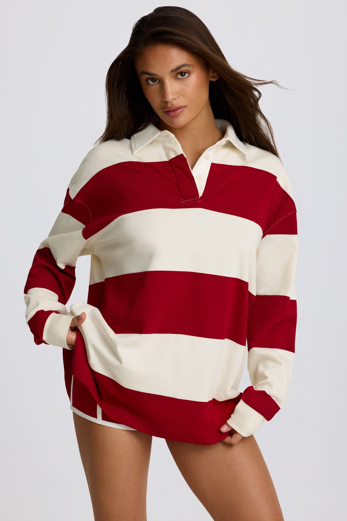 Belavie Striped Oversized Long-Sleeve T-Shirt in Dark Red