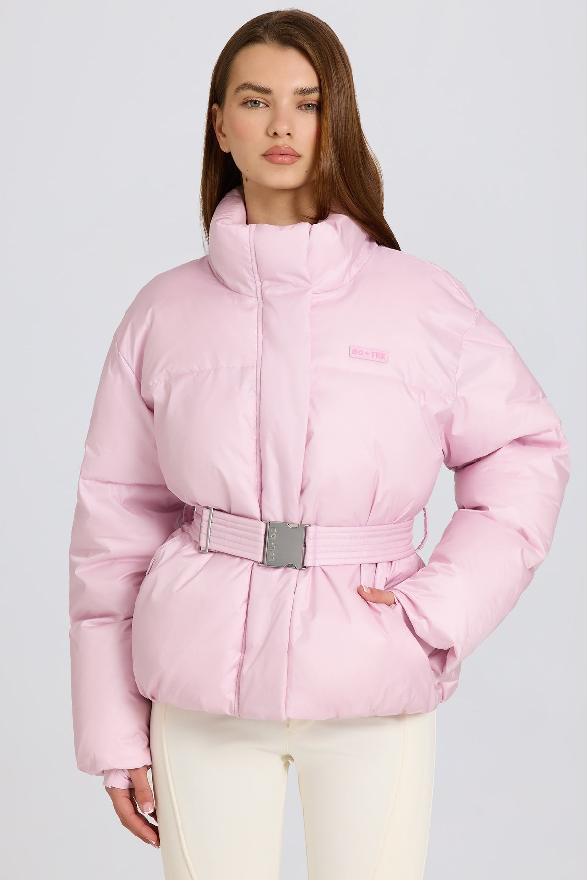 Belavie Waterproof Belted Oversized Ski Jacket in Powder Pink