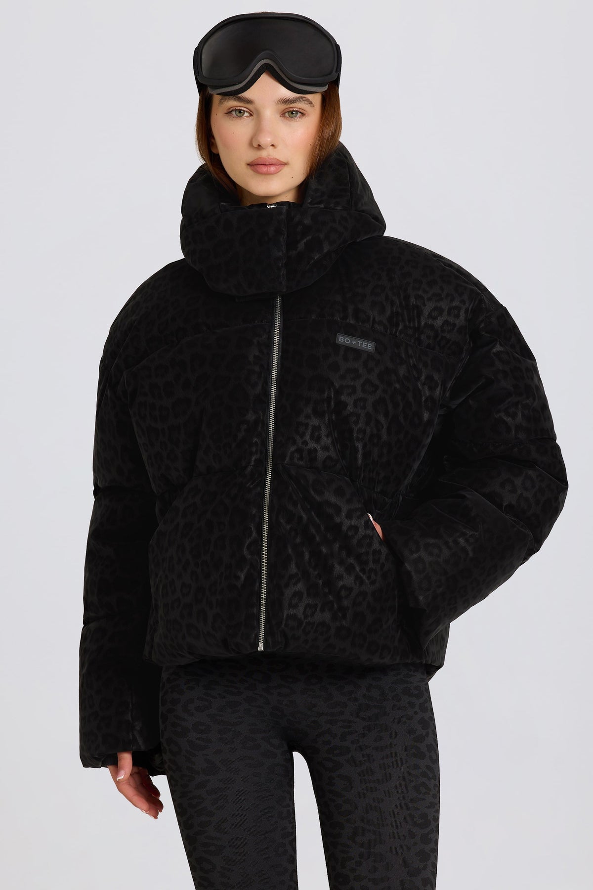 Belavie Waterproof Cropped Oversized Ski Jacket in Black Leopard