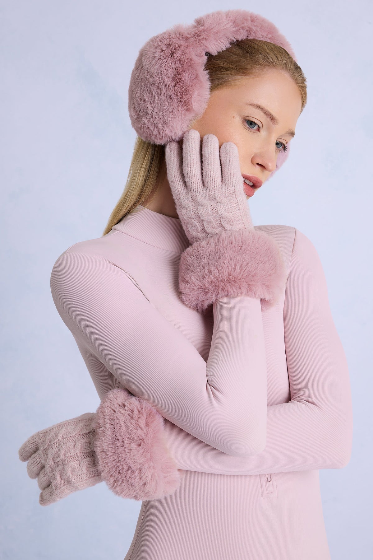 Belavie Knit Faux-Fur Cuff Gloves in Powder Pink