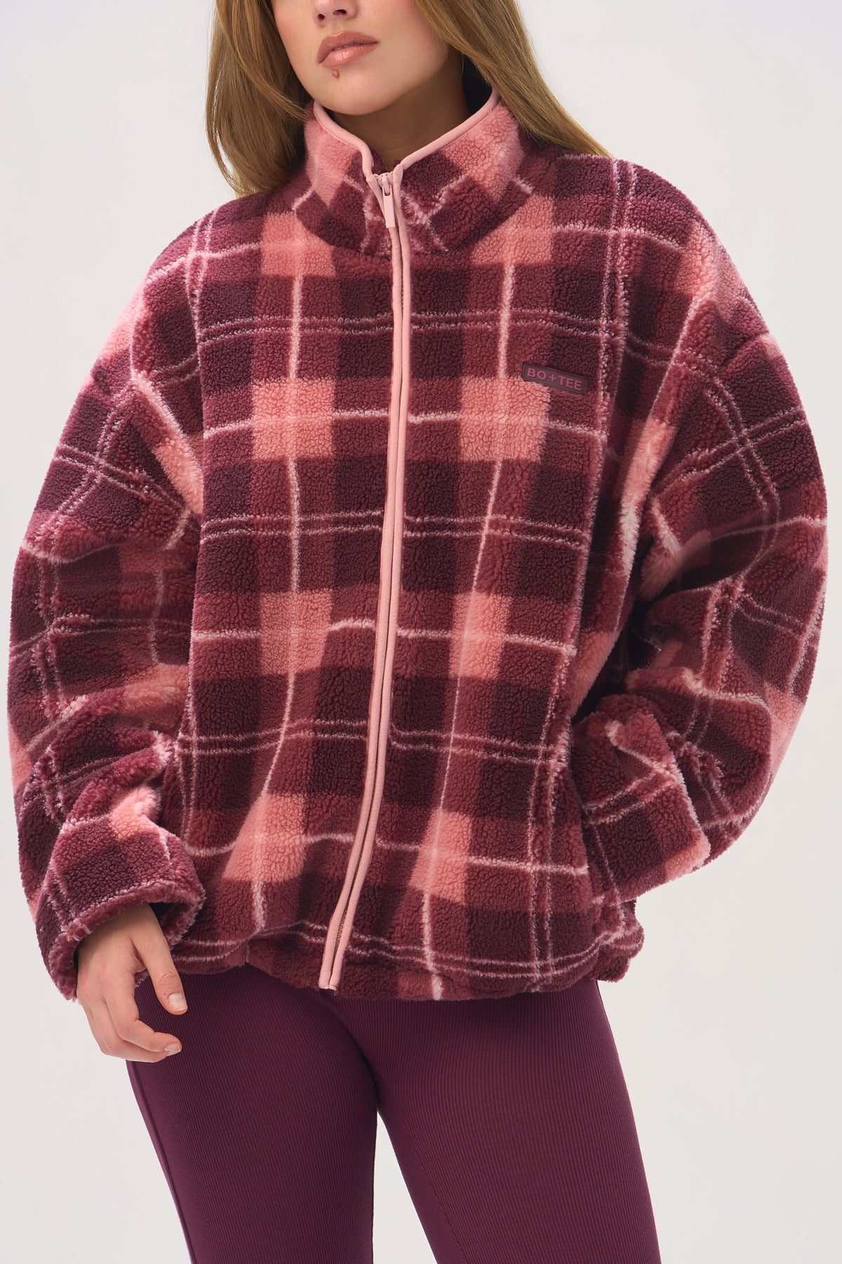 Belavie Oversized Zip-Up Fleece in Plum Plaid