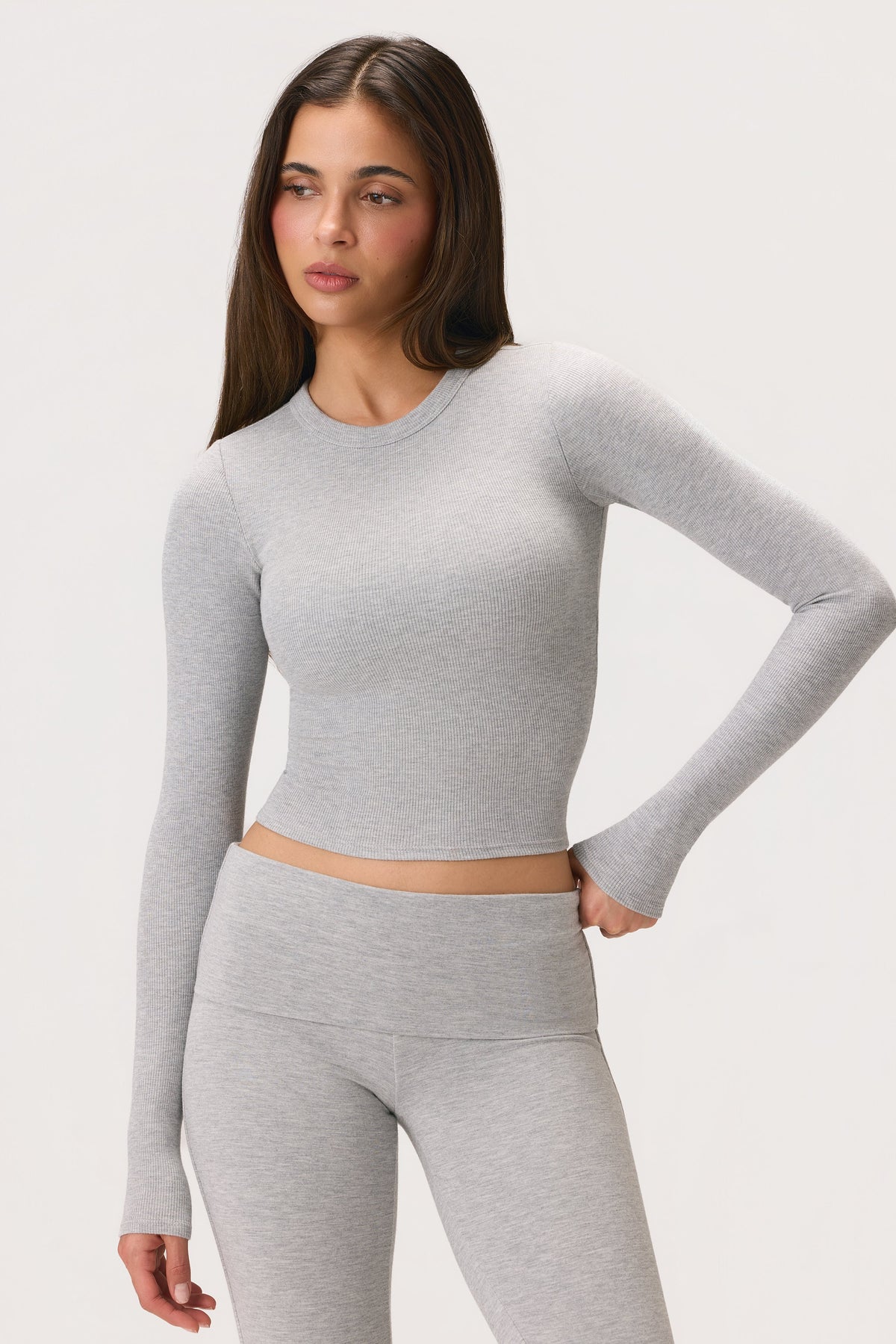 Belavie Long-Sleeve Crop Top in Grey Marl