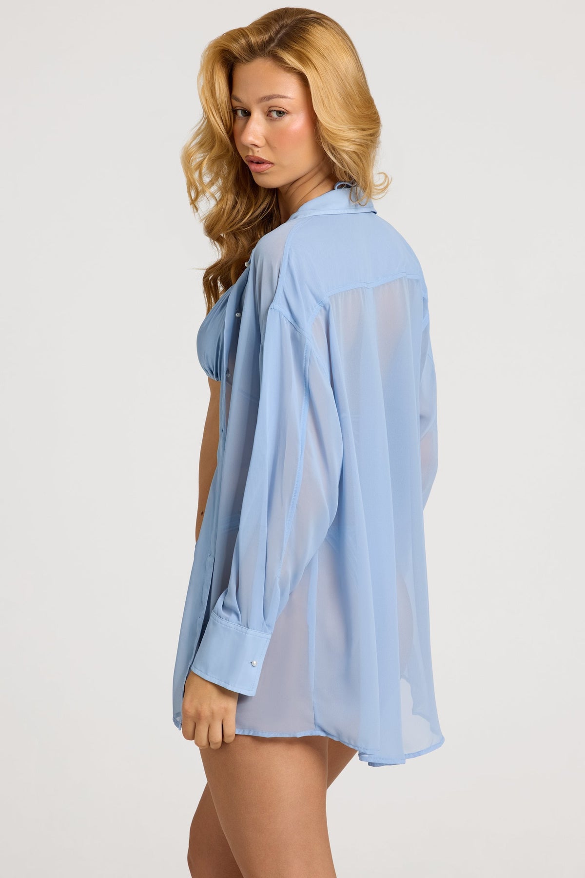 Belavie Hive Pearl-Detail Oversized Shirt in Sky Blue
