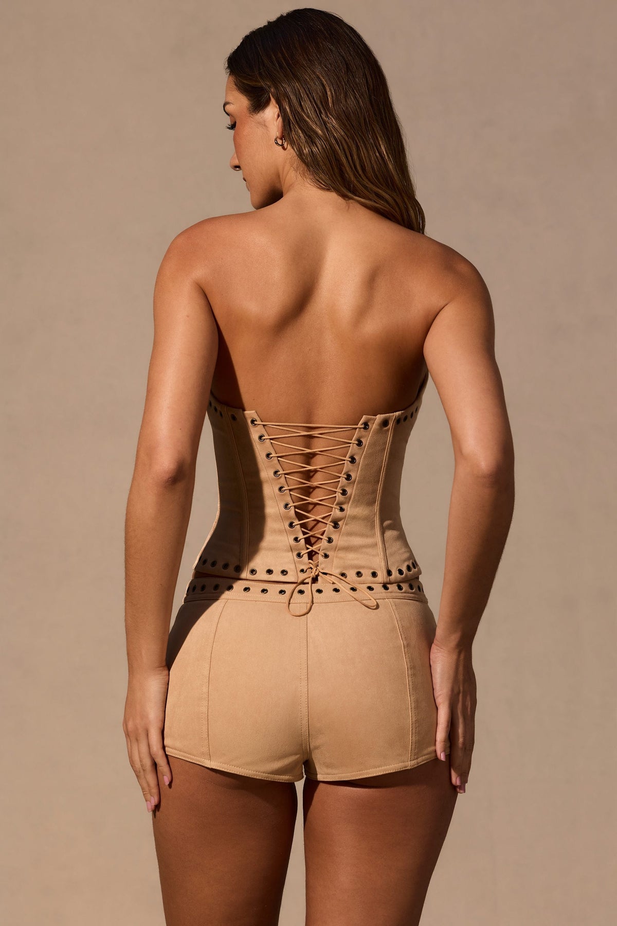 Belavie Zoryella Low-Rise Mini Shorts in Tan