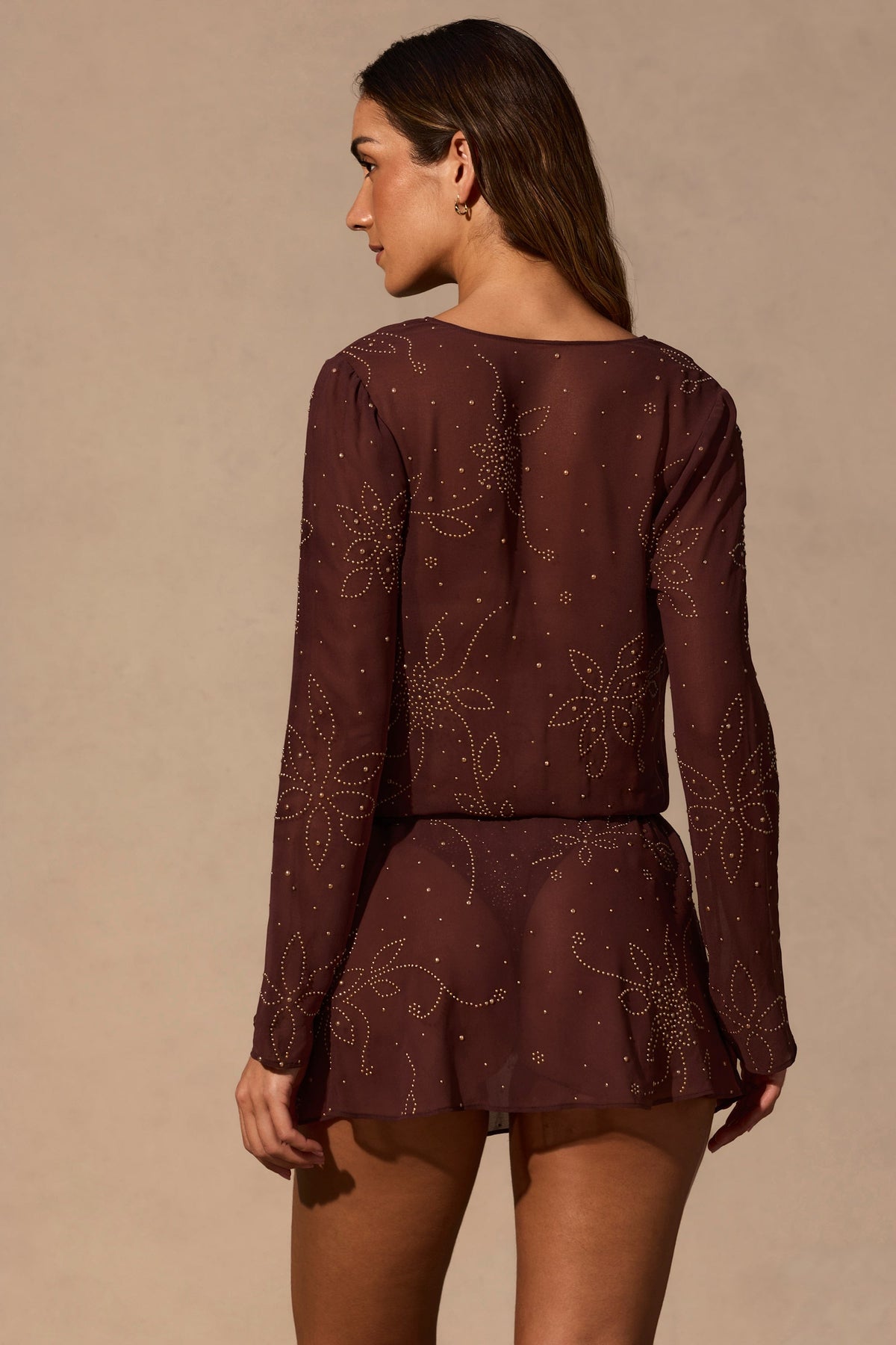 Belavie Meilane Long-Sleeve Mini Dress in Espresso Brown