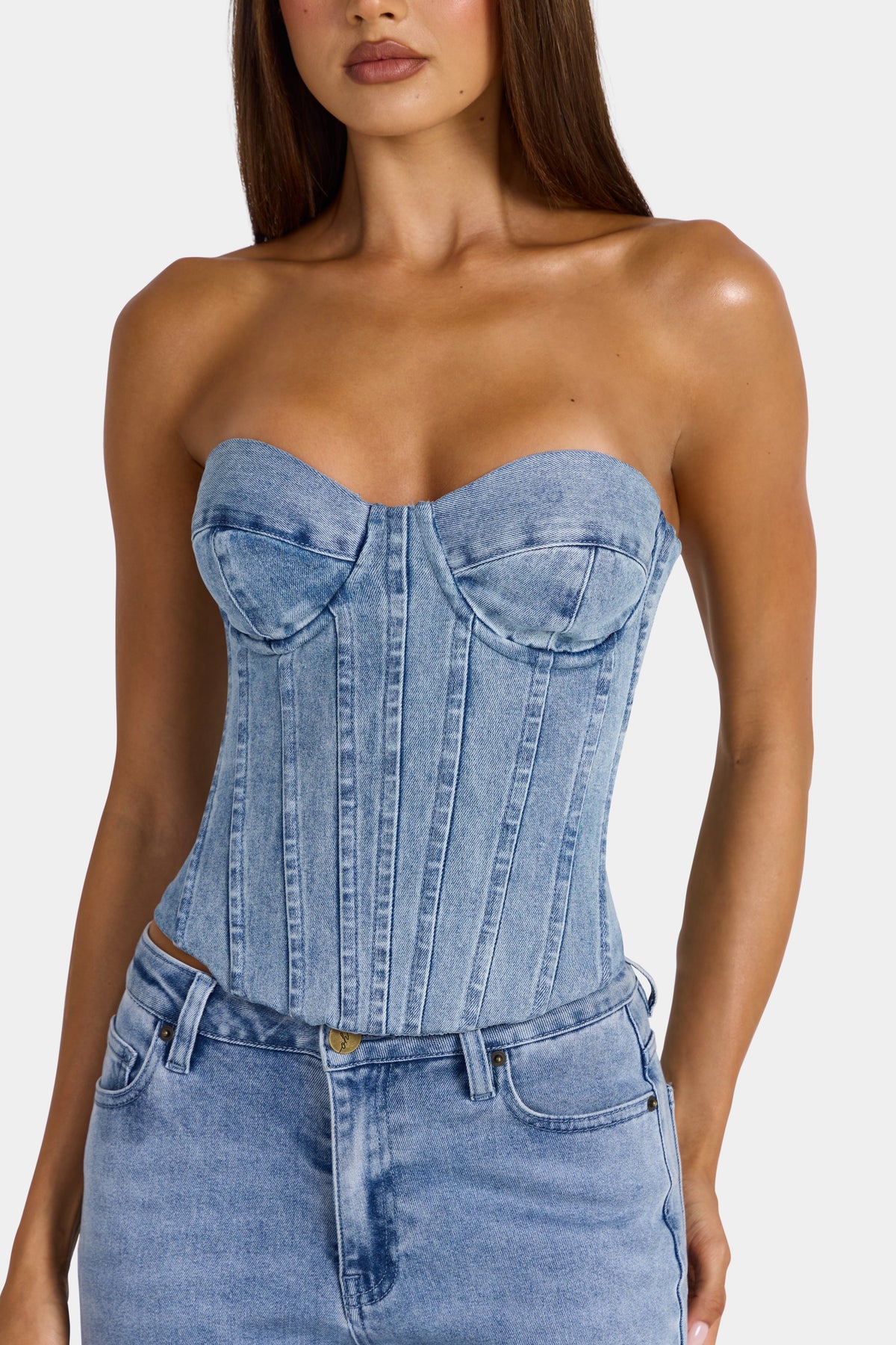 Belavie Tamrinn Denim Corset Top in Mid-Blue