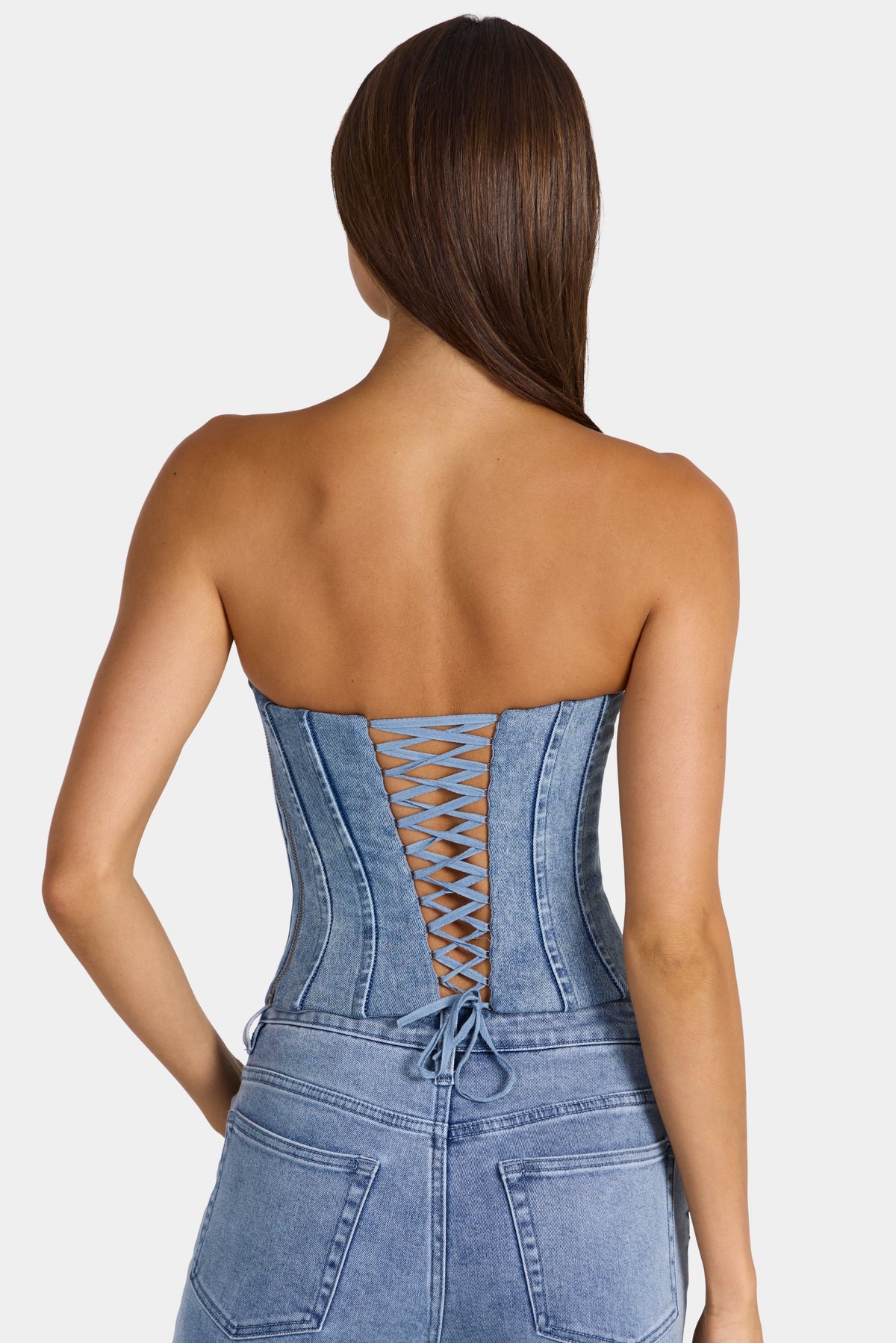 Belavie Tamrinn Denim Corset Top in Mid-Blue