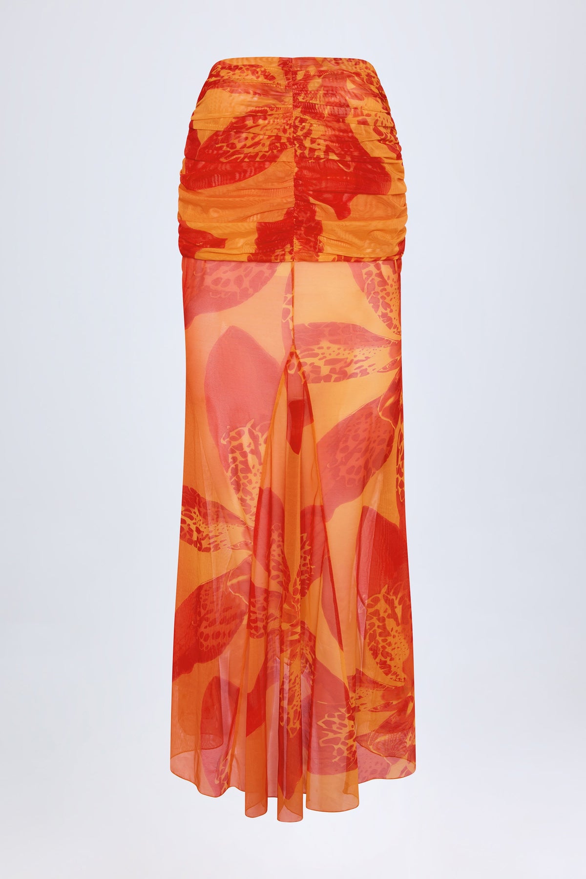 Belavie Bacaler Ruched Hardware-Detail Fishtail Maxi Skirt in Orange Orchid Print