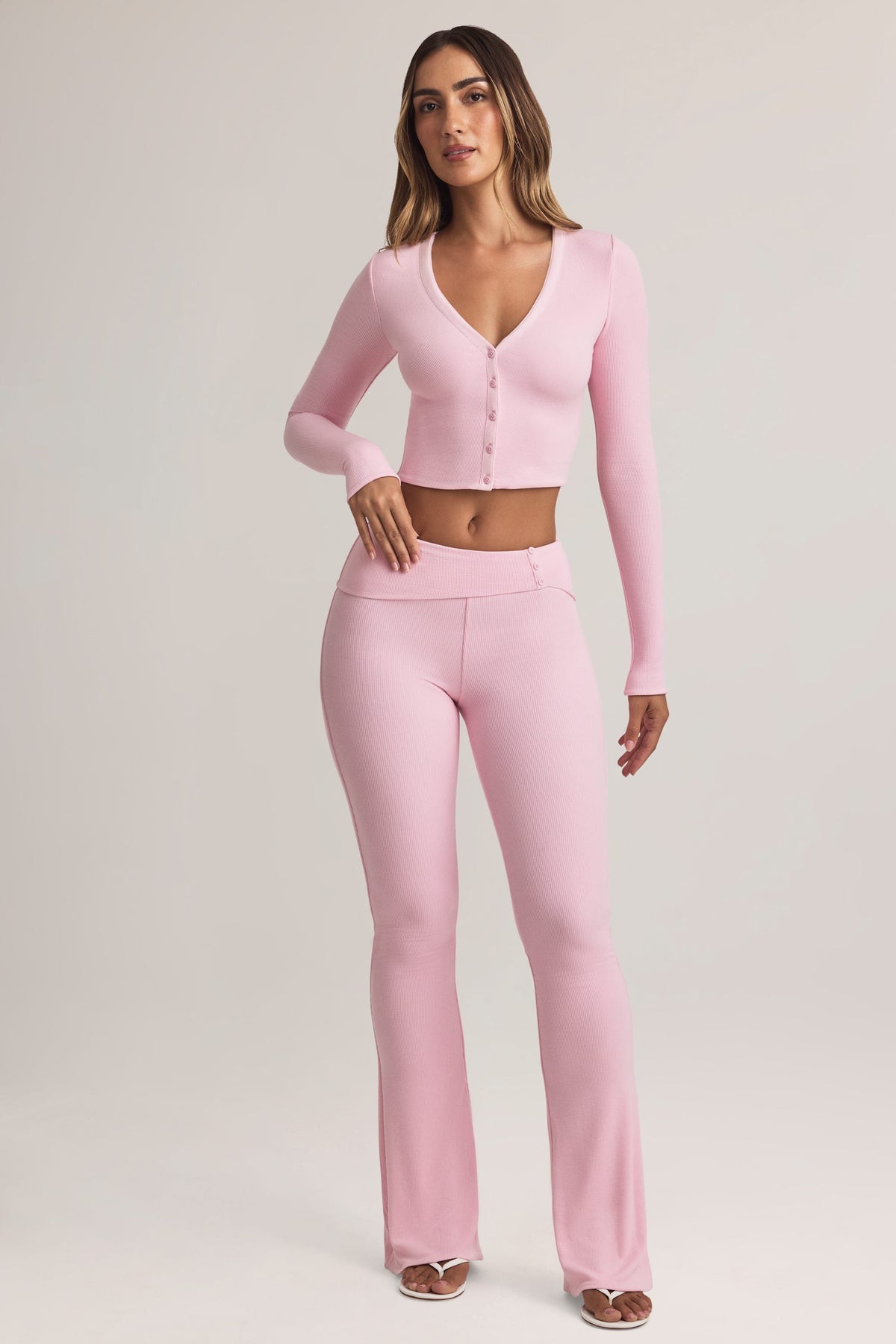 Belavie Beba Modal Foldover Mid-Rise Flared Trousers in Pastel Pink
