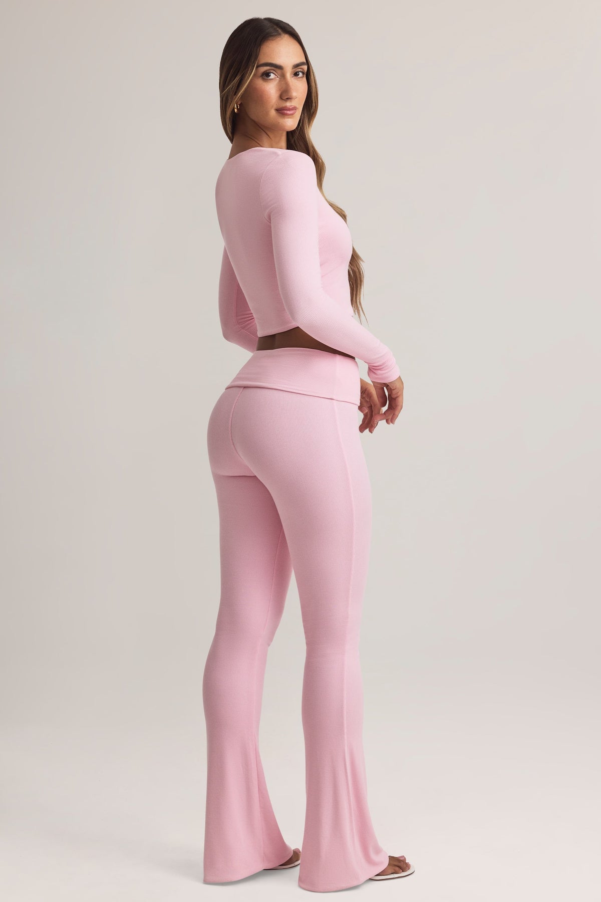 Belavie Beba Modal Foldover Mid-Rise Flared Trousers in Pastel Pink
