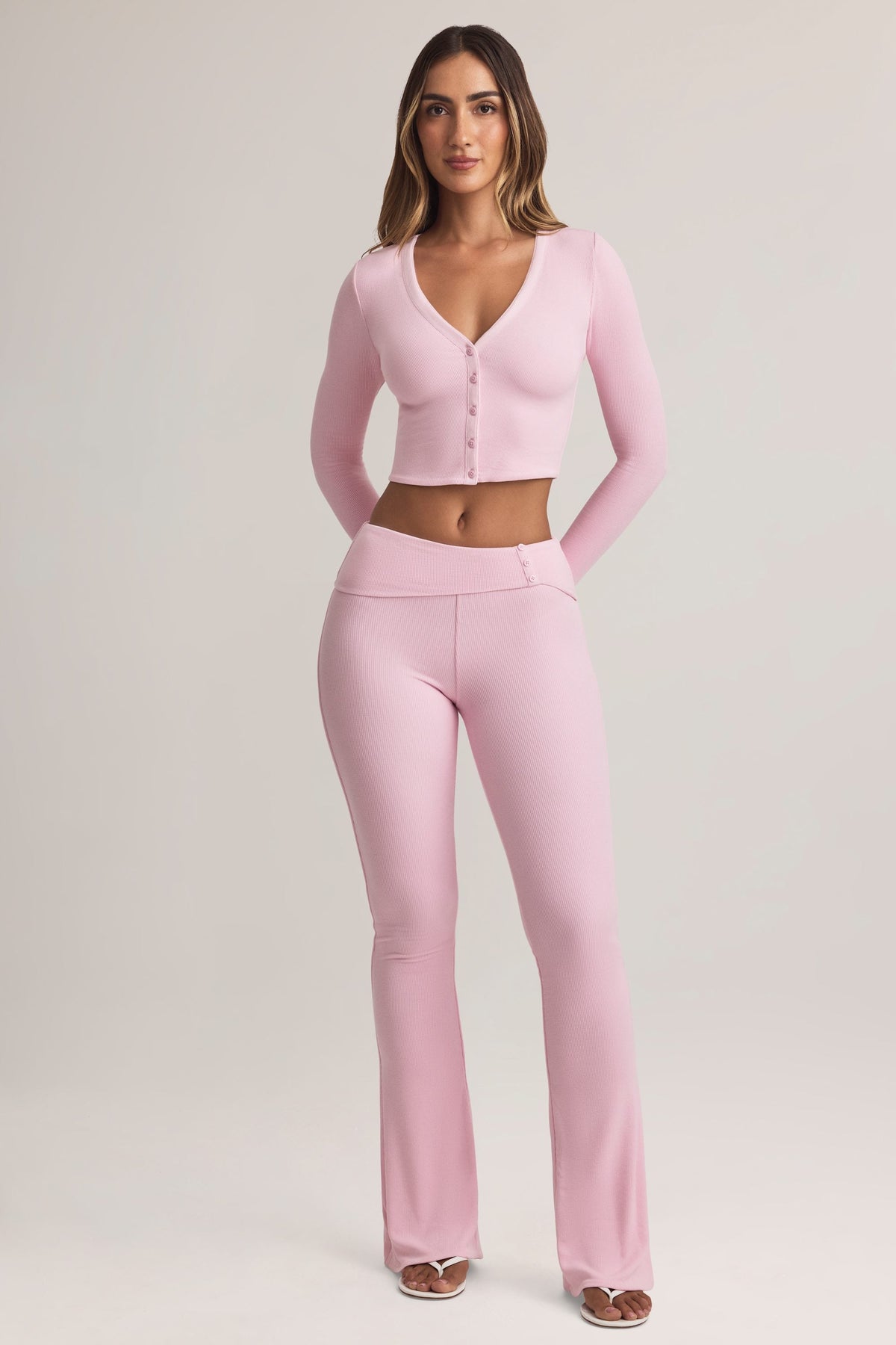 Belavie Beba Modal Foldover Mid-Rise Flared Trousers in Pastel Pink